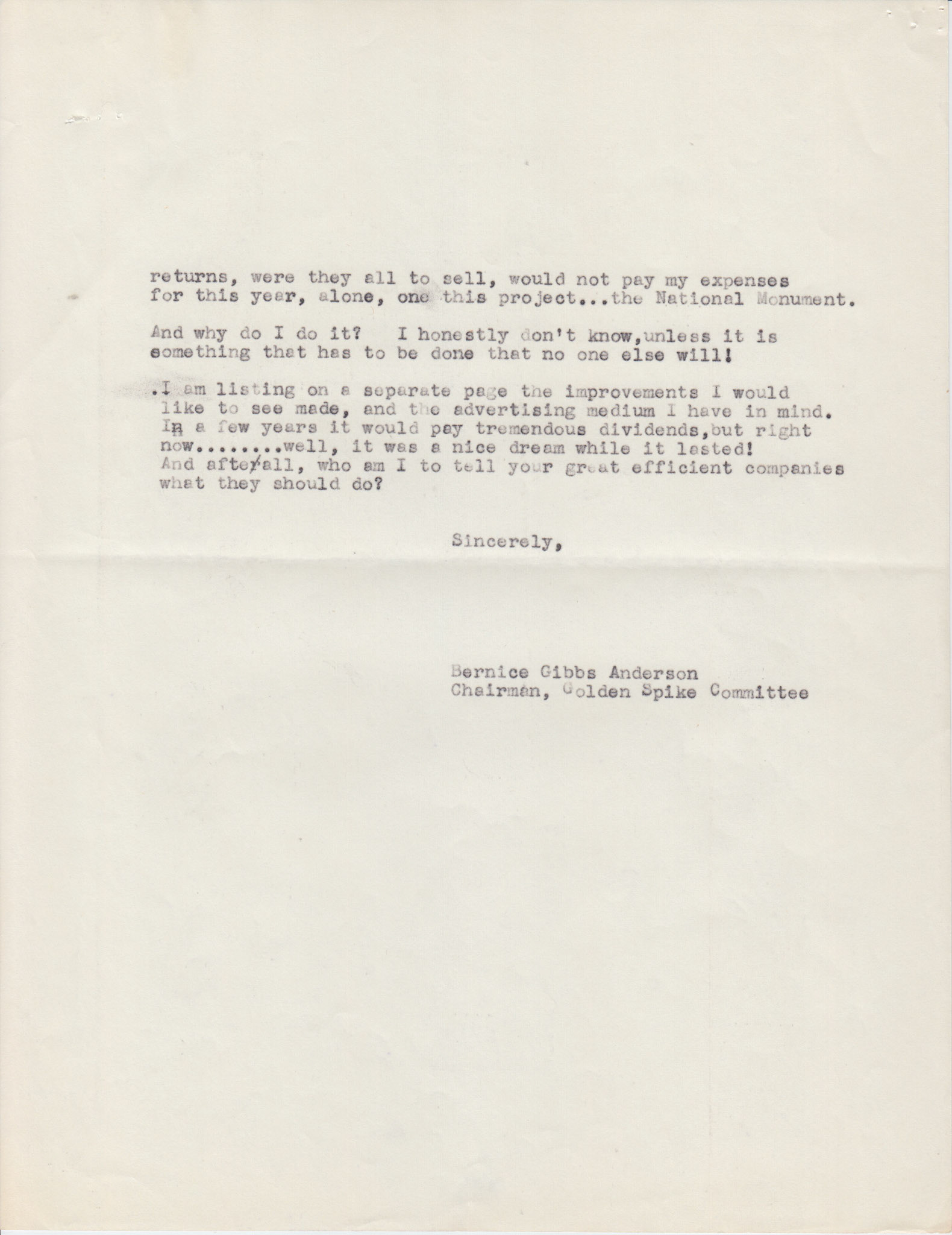 Copy of letter to V.E. Anderson, Southern Pacific, and A.D. Hansen, Union Pacific, page 3, June 24, 1954. Bernice Gibbs Anderson Collection, NPS