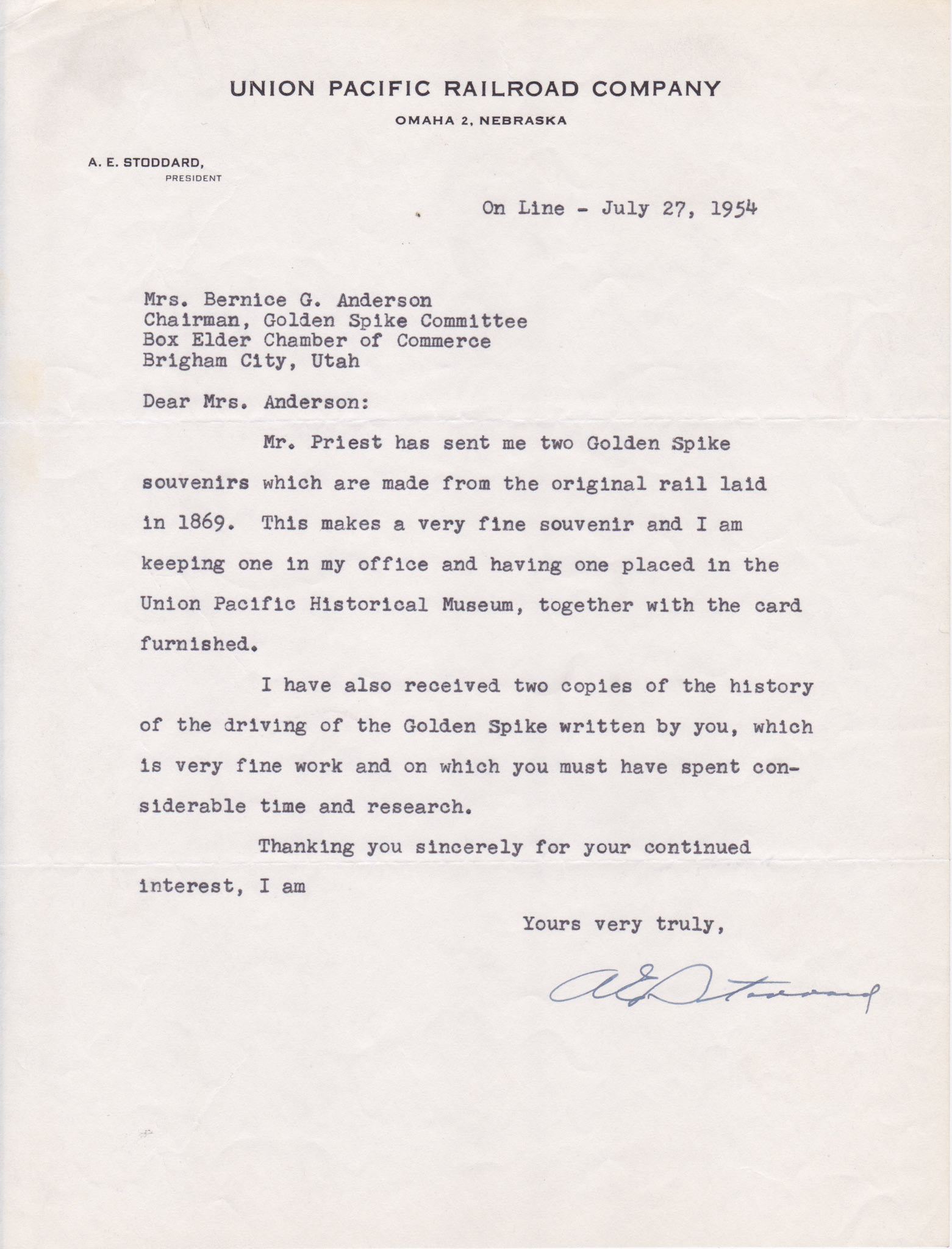 Thank you from A.E. Stoddard, Pres. Union Pacific, July 27, 1954. Bernice Gibbs Anderson Collection, NPS