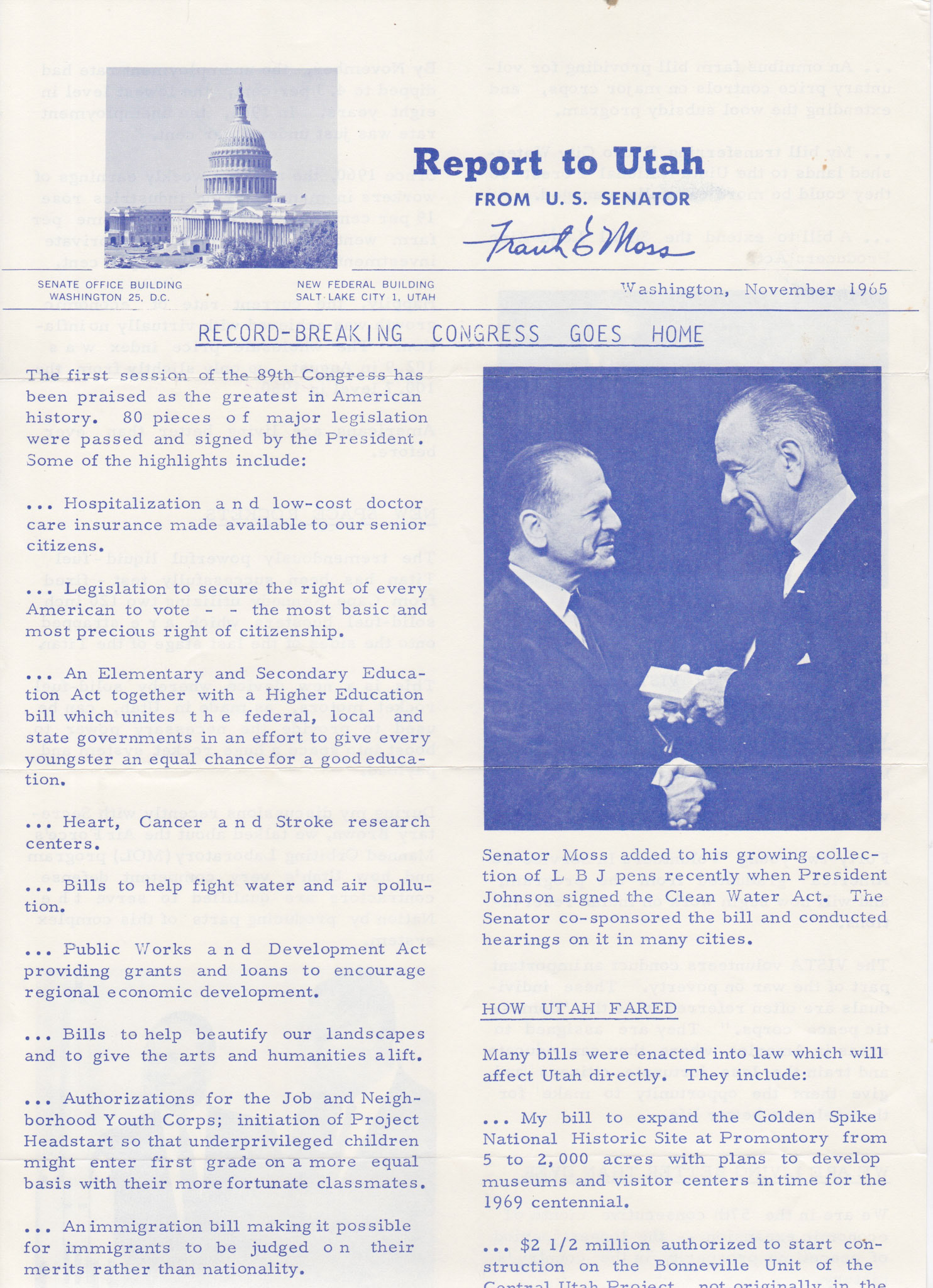 Report from Senator Frank E. Moss, Nov. 1965, top of page 1. Bernice Gibbs Anderson Collection, NPS