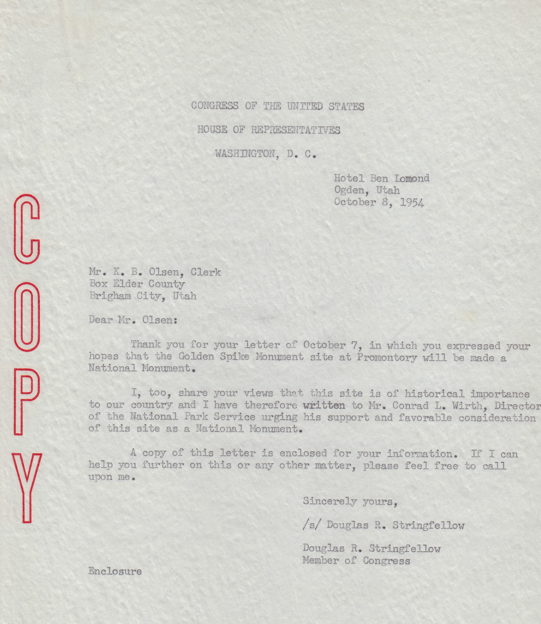 Copy of letter from Rep. Douglas R. Stringfellow to K.B. Olsen, Box Elder County Clerk, Oct. 8, 1954. Bernice Gibbs Anderson, NPS