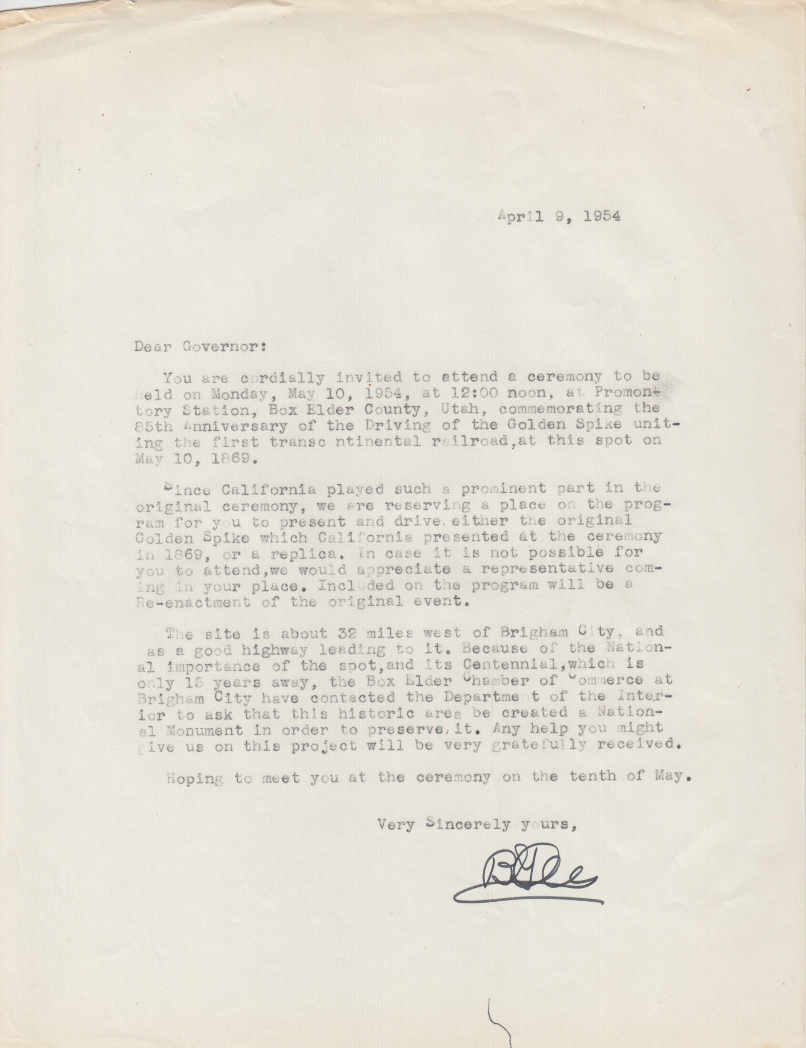 Copy of Invitation to California Governor, Apr. 9, 1954. Bernice Gibbs Anderson Collection, NPS