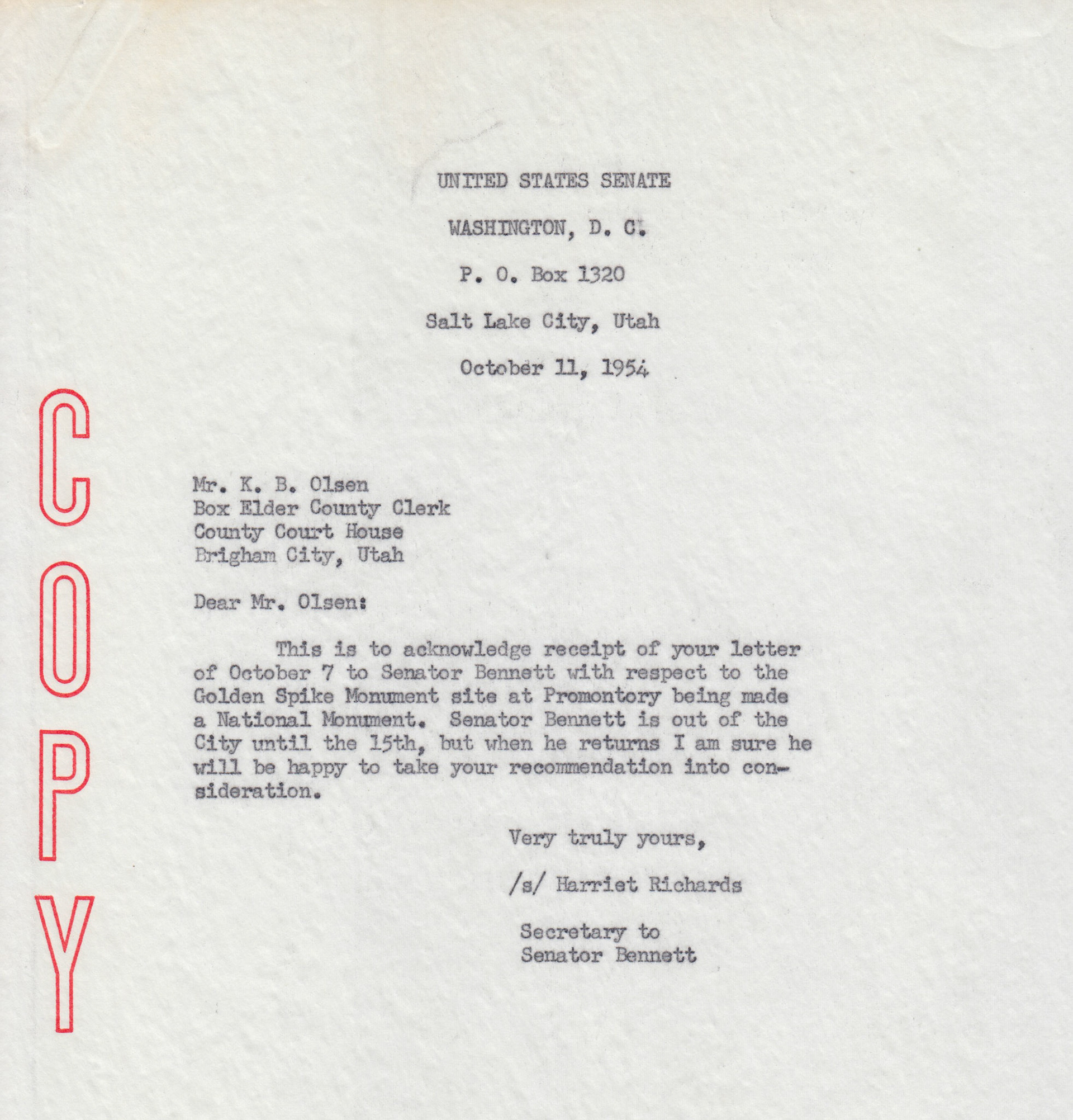 Copy of letter from Senator Bennett's secretary to K.B. Olsen, Box Elder County Clerk, Oct. 11, 1954. Bernice Gibbs Anderson, NPS