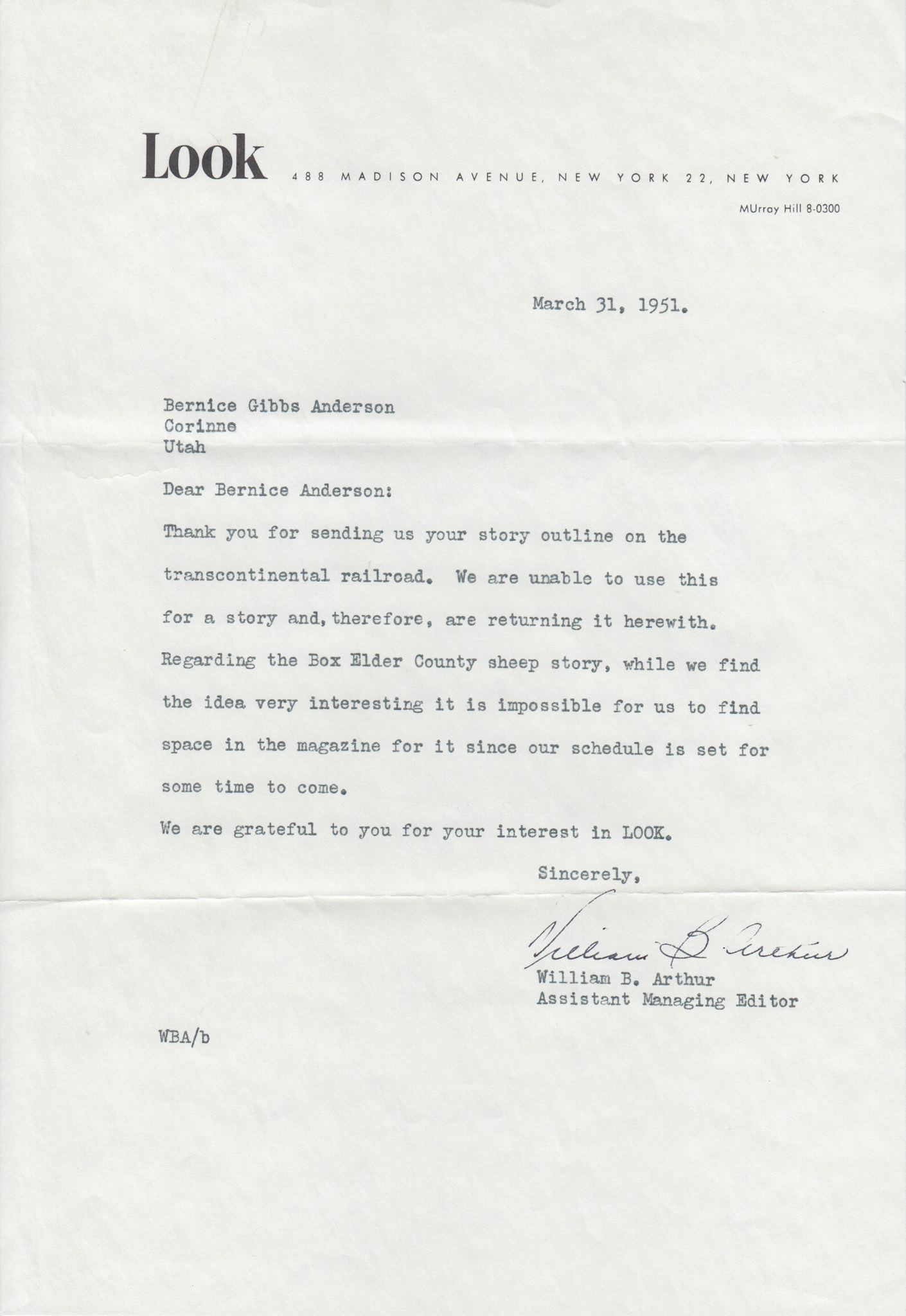 Saturday Evening Post letter, 1951. Bernice Gibbs Anderson Collection, NPS