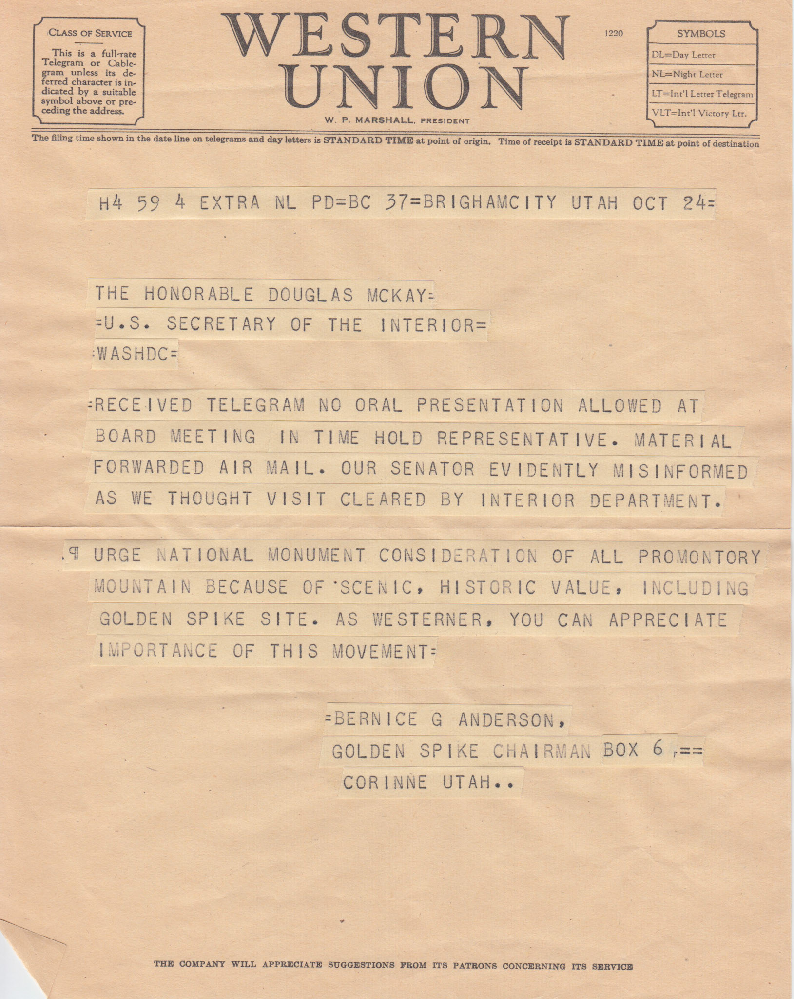 Telegram to Douglas McKay, Secretary of the Interior, Oct. 24, 1954. Bernice Gibbs Anderson, NPS
