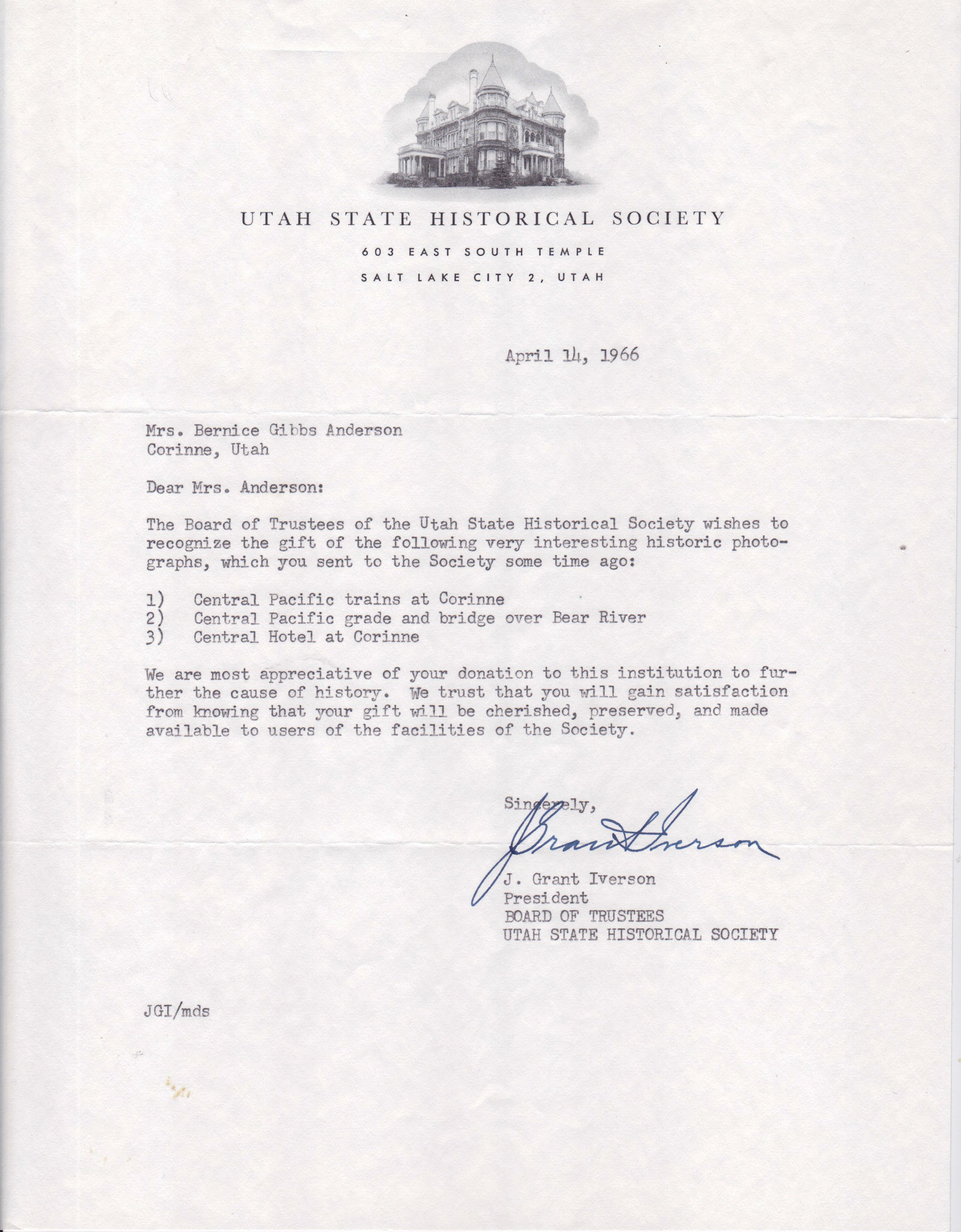 Letter from J. Grant Iverson, Utah State Historical Society, April 14,1966. Bernice Gibbs Anderson Collection, NPS
