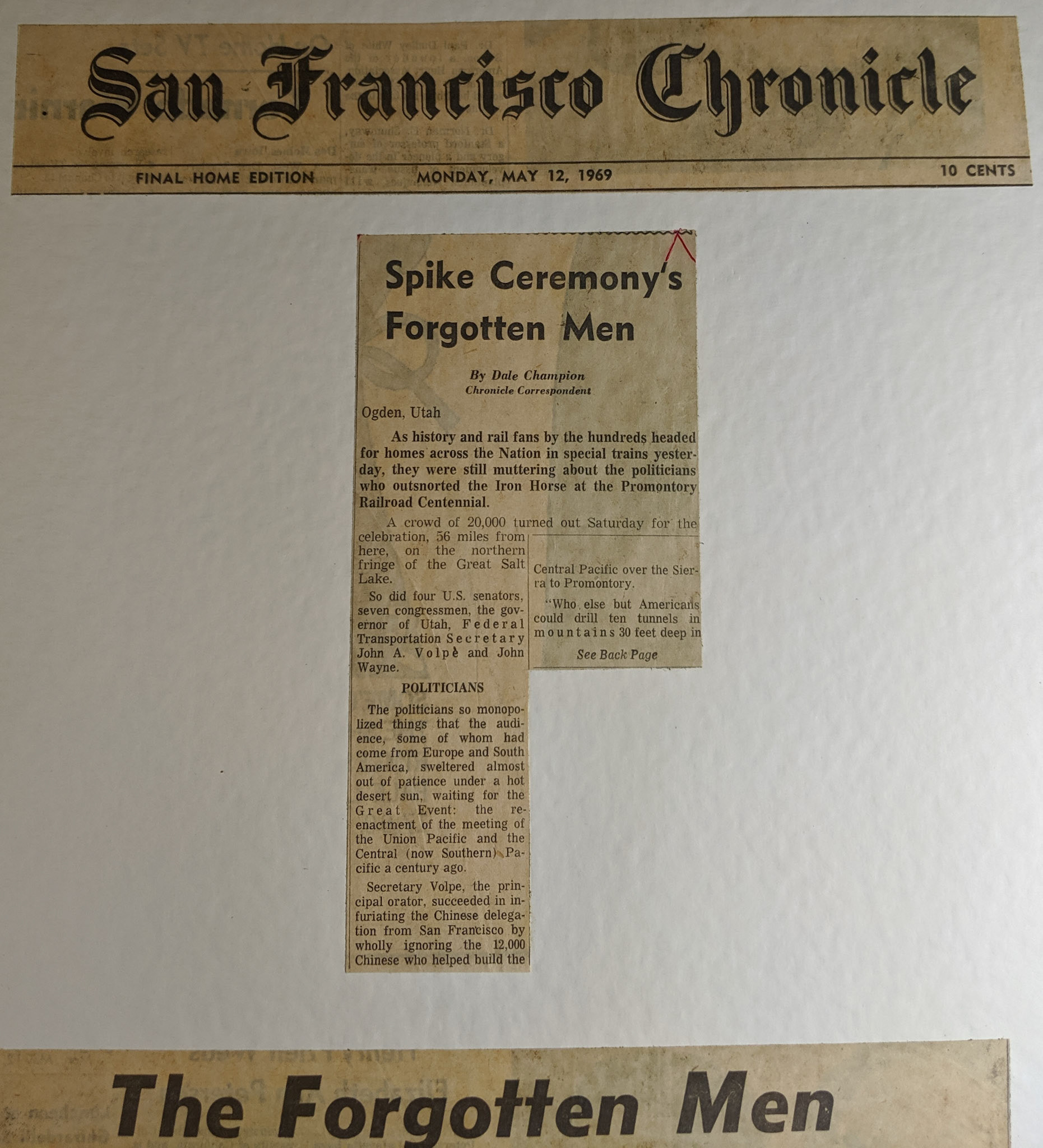 Spike Ceremony's Forgotten Men, 1st part, San Francisco Chronicle, May 12, 1969, Bernice Gibbs Anderson Collection, NPS
