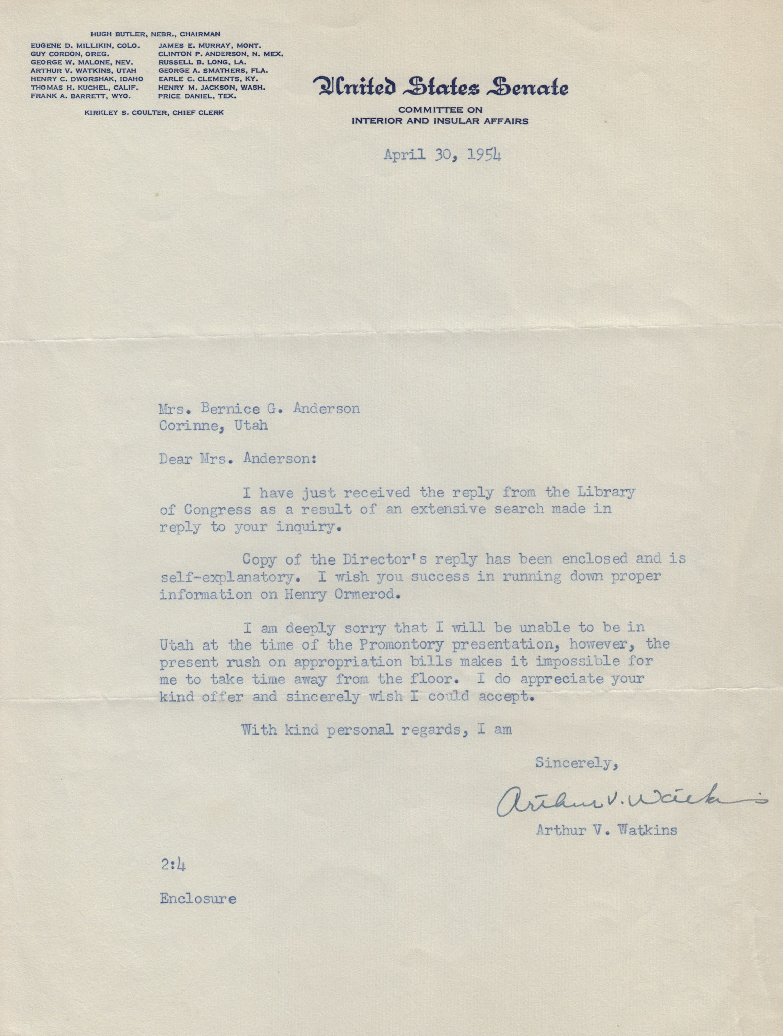 Regrets from Senator Arthur V. Watkins, Apr. 30, 1954. Bernice Gibbs Anderson Collection, NPS