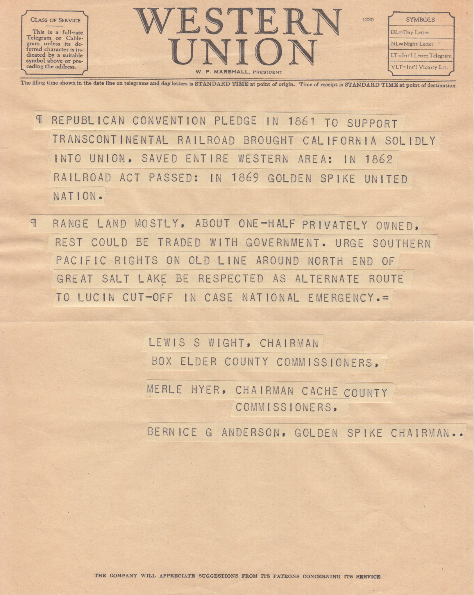 Telegram from Lewis S. Wight, Chair, Box Elder County Commissioners, Merle Hyer, Cache County Commissioners, fall, 1954. Bernice Gibbs Anderson, NPS