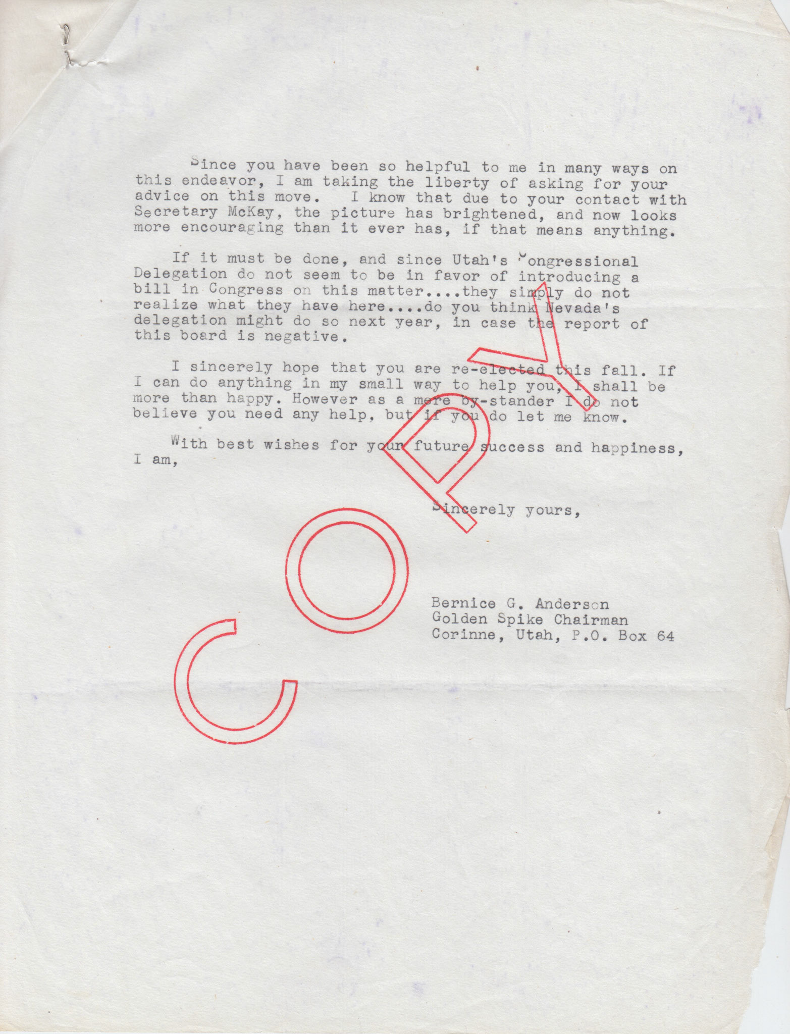 Copy of letter to Nevada Governor Charles H. Russell, Sep. 7, 1954, page 2. Bernice Gibbs Anderson Collection, NPS