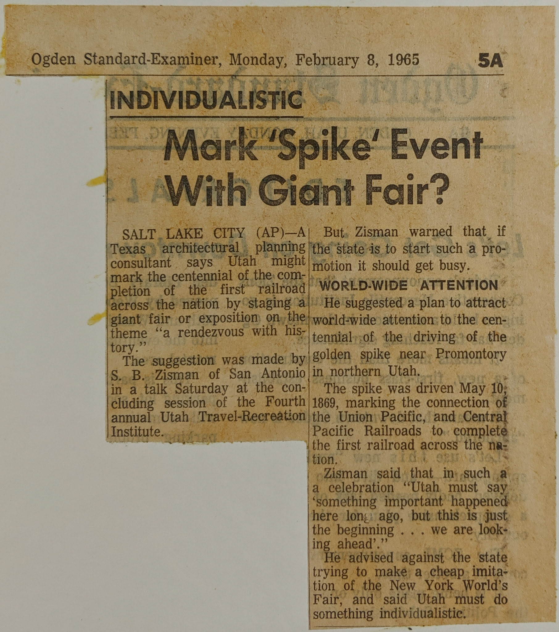 Texas consultant suggests giant fair, Feb. 8, 1965. Bernice Gibbs Anderson Collection, NPS