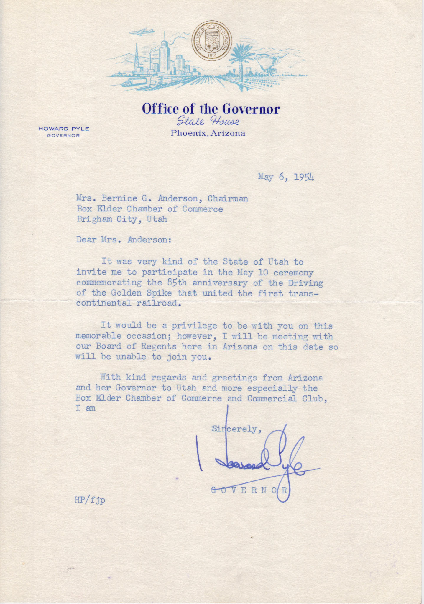 Regrets from Arizona Governor Howard Pyle, May 6, 1954. Bernice Gibbs Anderson Collection, NPS
