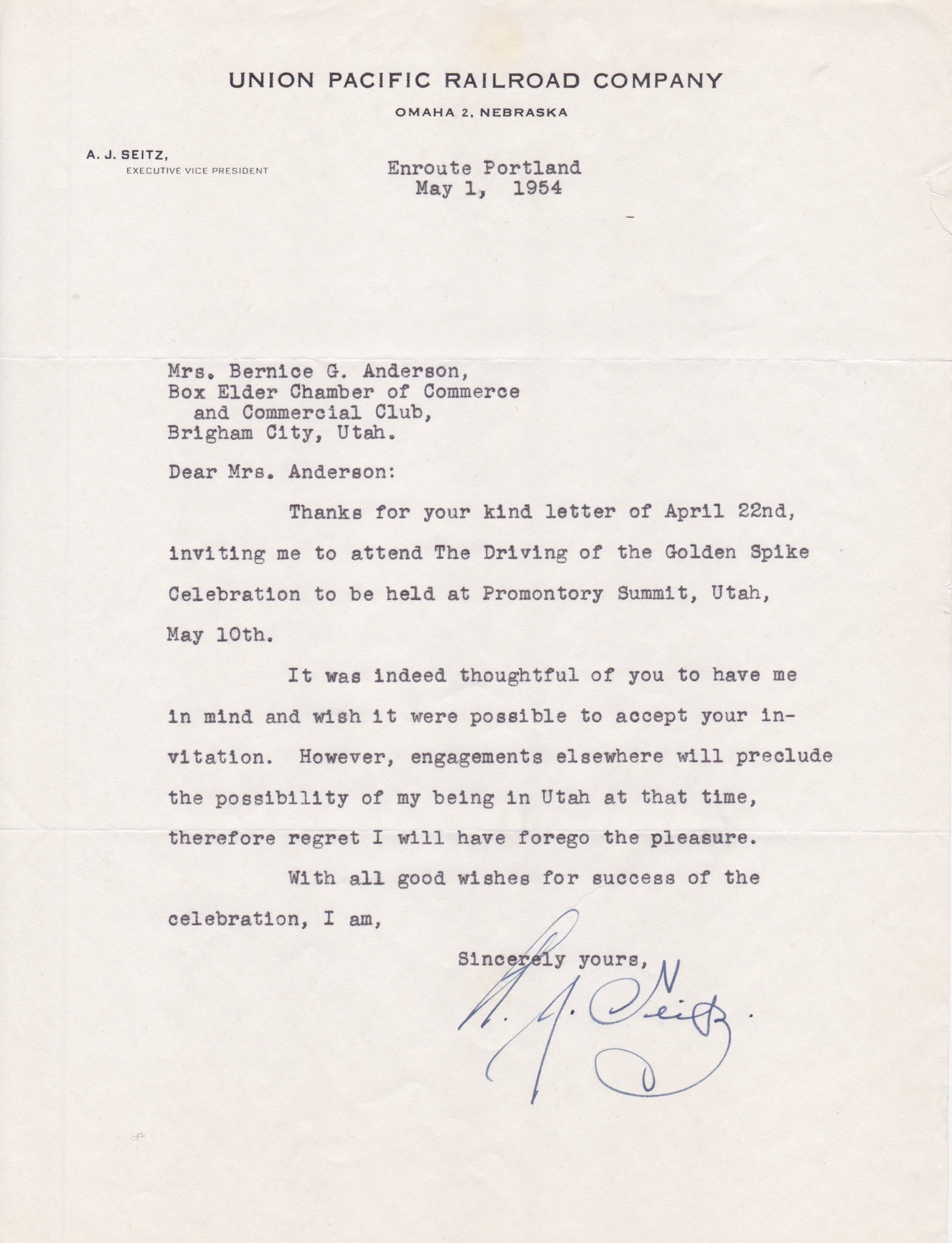 Regrets from Union Pacific Exec. V.P. A.J. Seitz, May 1, 1954. Bernice Gibbs Anderson Collection, NPS