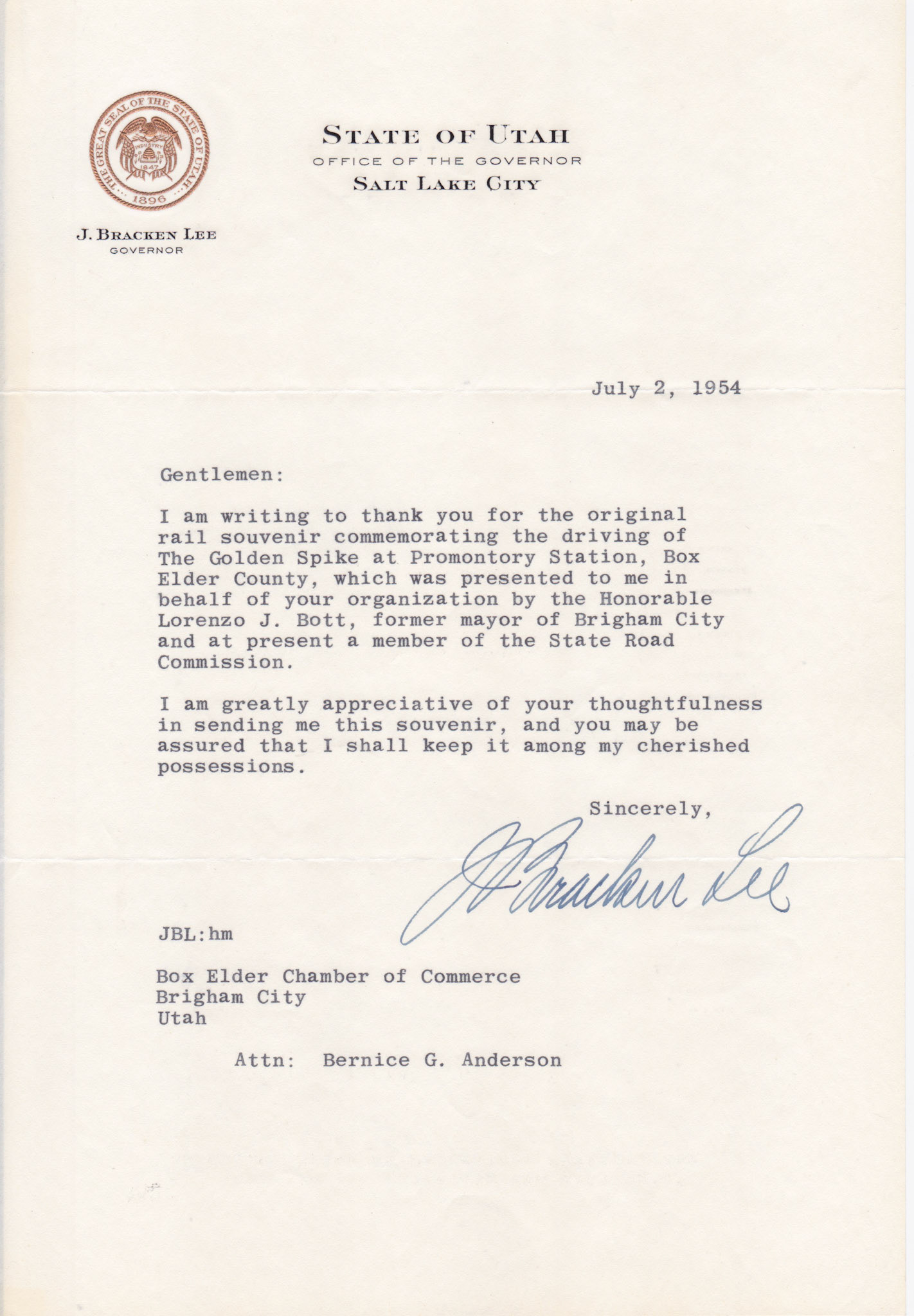 Thank you from Governor J. Bracken Lee for rail souvenir, July 2, 1954. Bernice Gibbs Anderson Collection, NPS