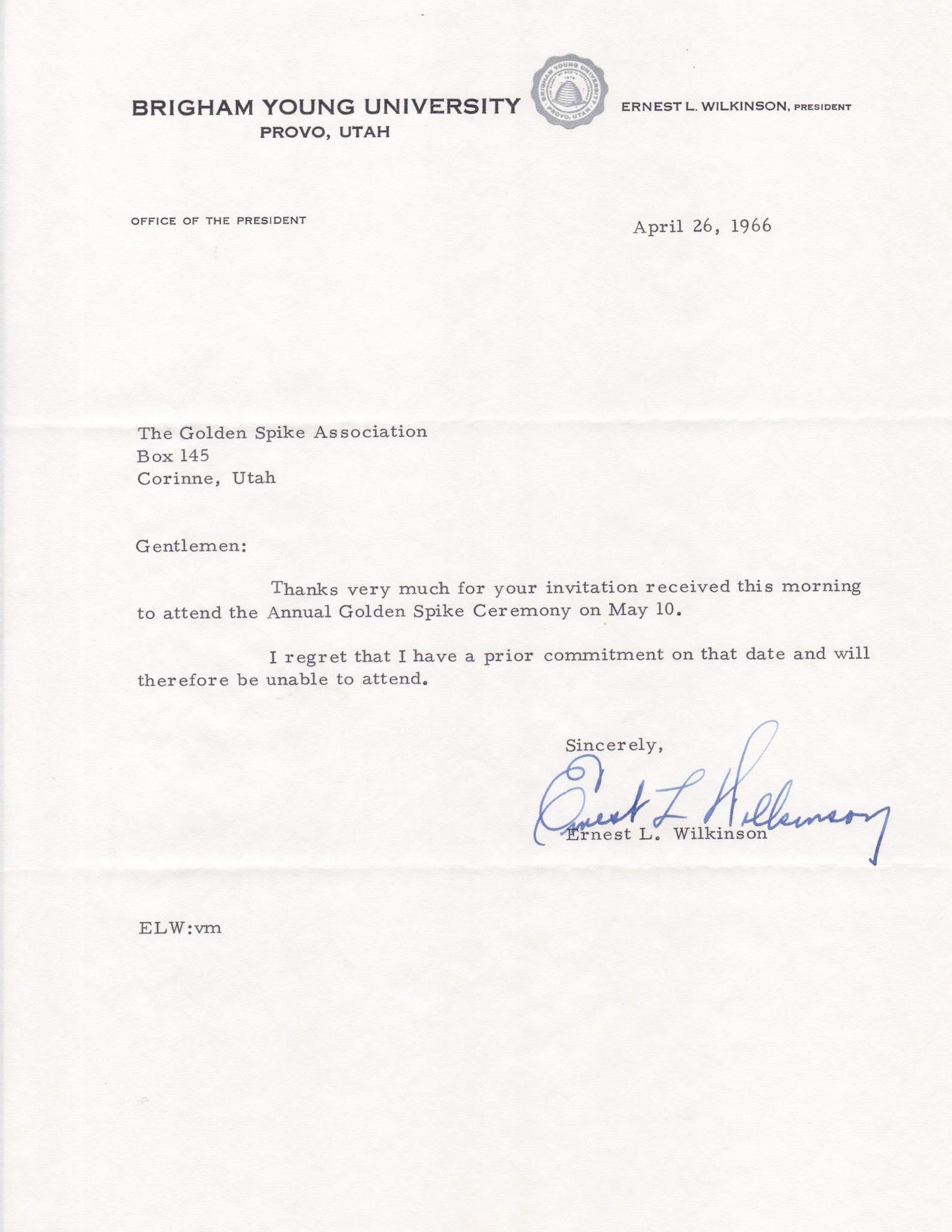 Regrets from Pres. Ernest L. Wilkinson, BYU, April 26, 1966, Bernice Gibbs Anderson Collection, NPS