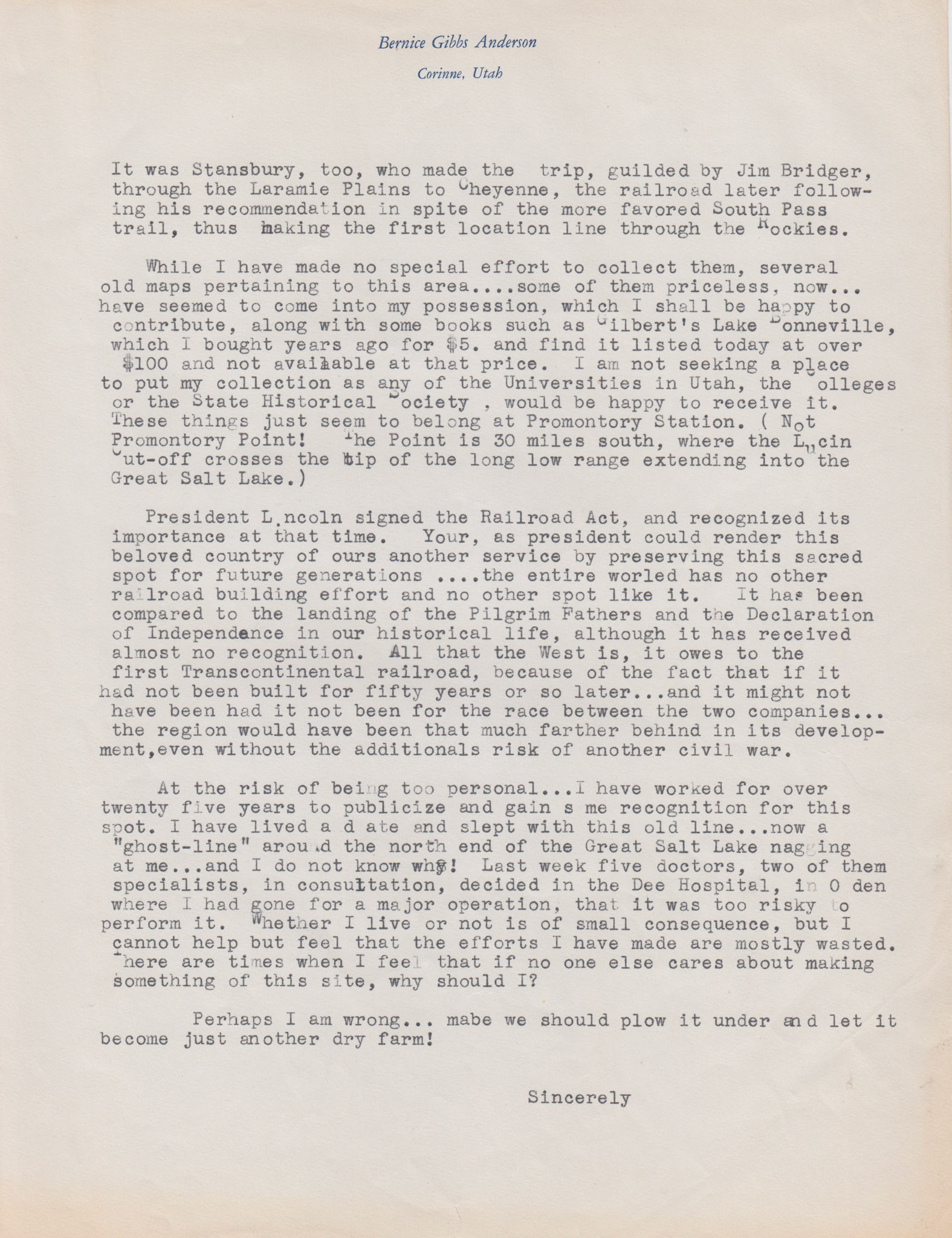 Copy 1 of letter to President Eisenhower, April 6, 1954, page 2. Bernice Gibbs Anderson Collection, NPS