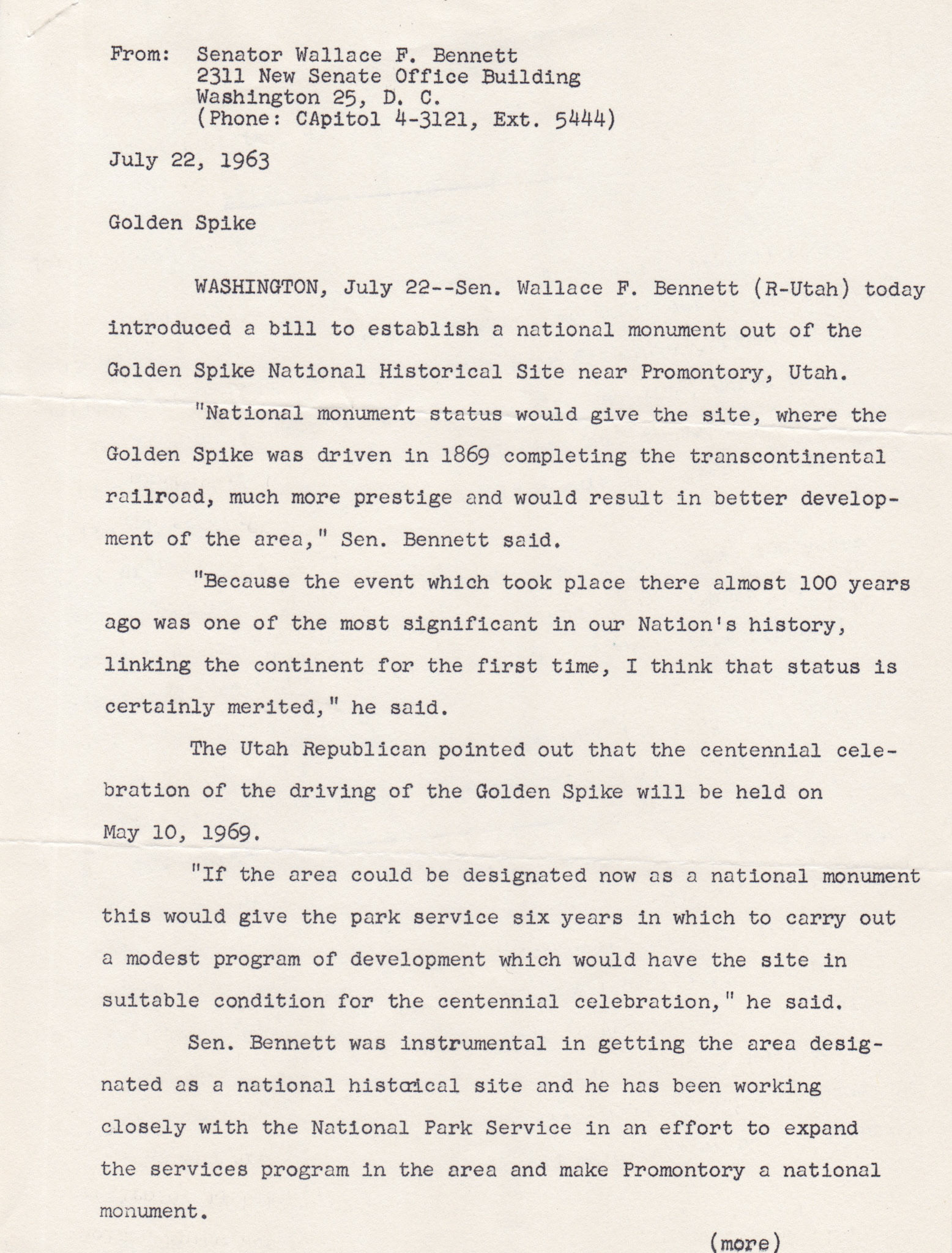 Press release from Senator Wallace F. Bennett, page 1, July 22, 1963. Bernice Gibbs Anderson Collection, NPS