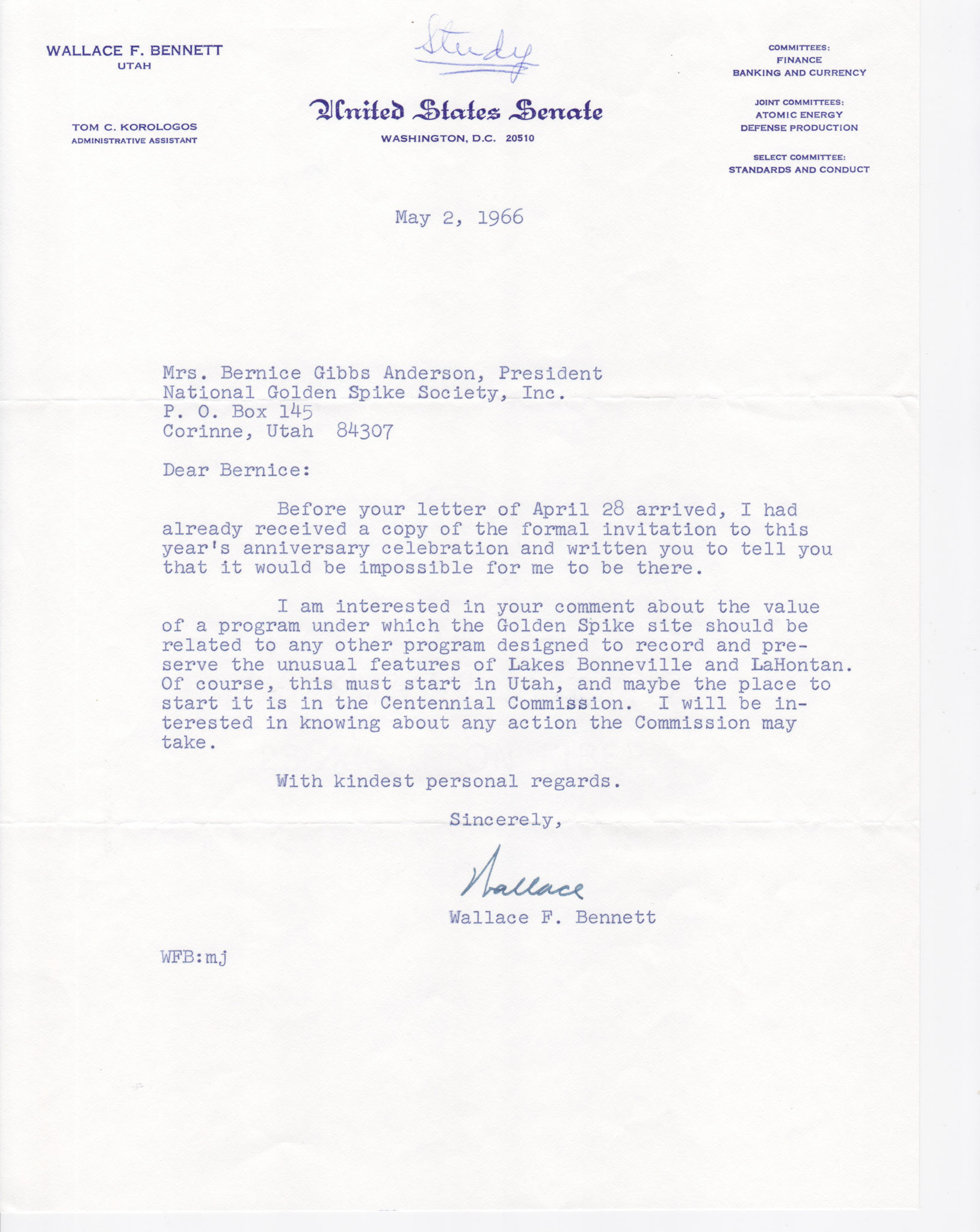 Regrets from Senator Wallace F. Bennett, May 2, 1966. Bernice Gibbs Anderson Collection, NPS
