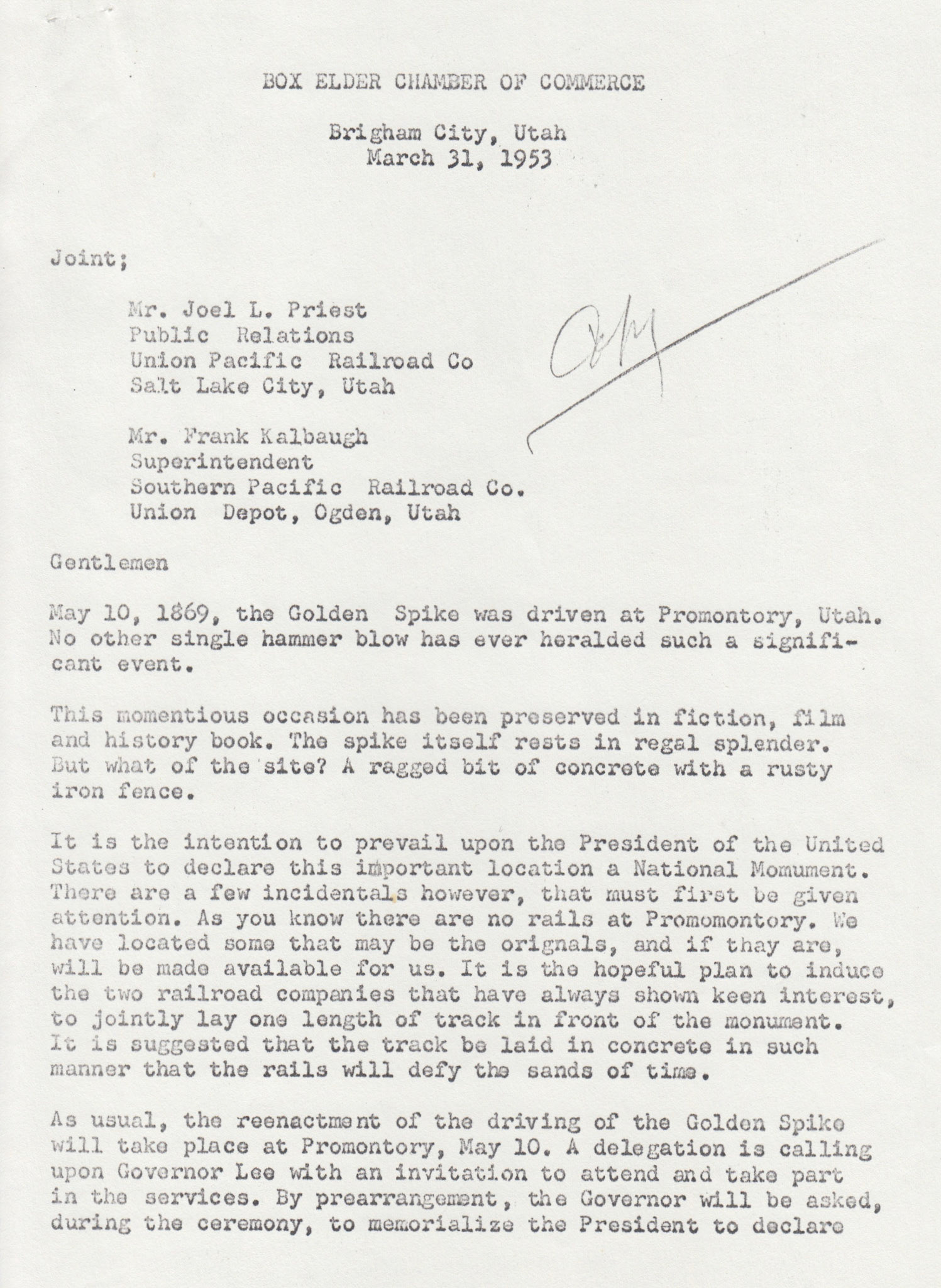 Letter to Joel Priest, UP, March 31, 1953, from Mr. Howard, Box Elder Chamber of Commerce