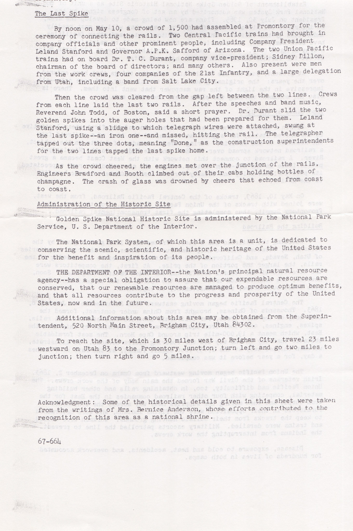 US Dept. of the Interior, NPS, Golden Spike report, post July 30, 1965. Bernice Gibbs Anderson Collection, NPS