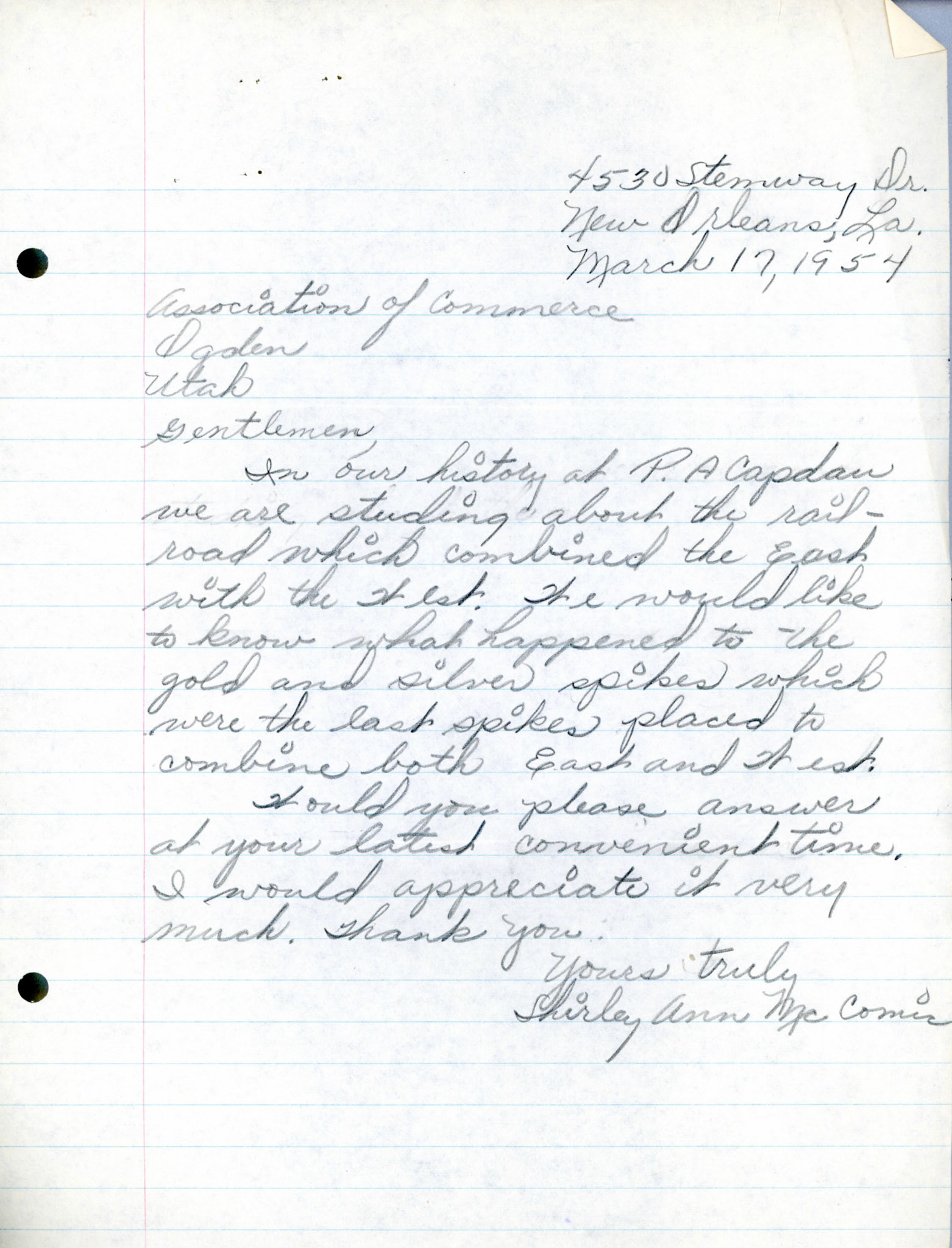 Letter from student Shirley Ann McComic of New Orleans, Mar. 17, 1954. Bernice Gibbs Anderson Collection, NPS