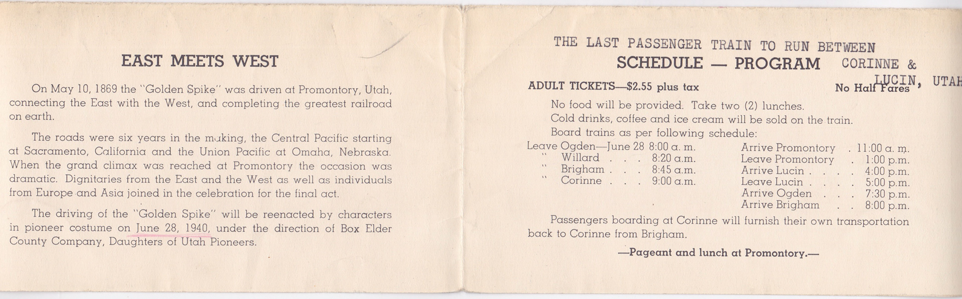 Program Cover for Last Passenger Train from Corinne to Promontory to Lucin, 1940. Bernice Gibbs Anderson Collection, NPS