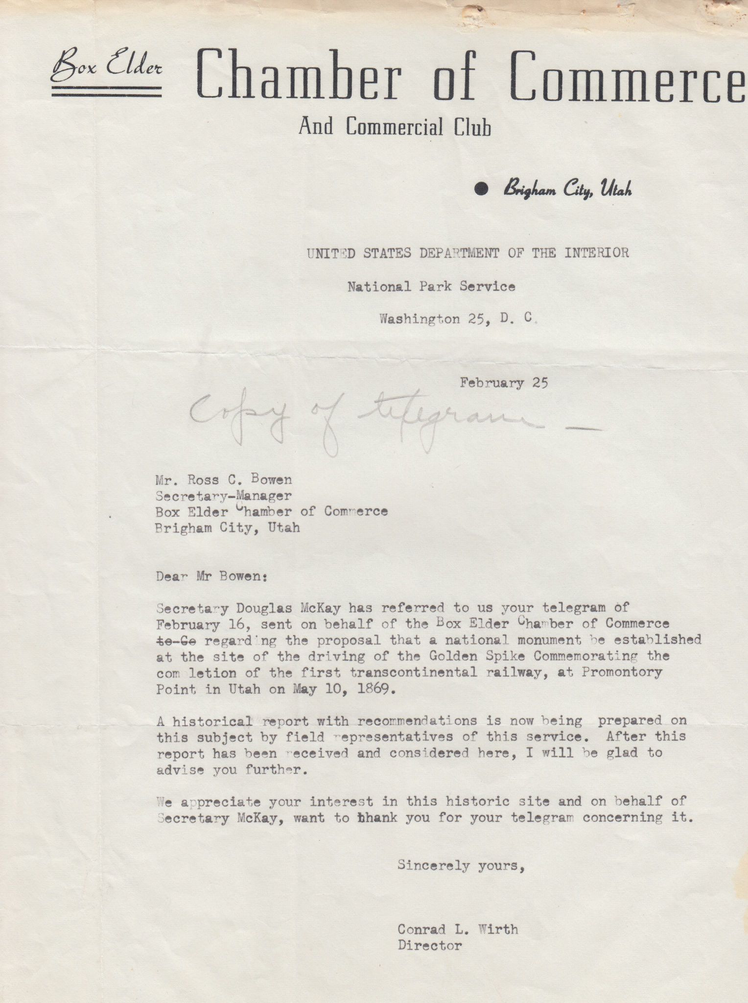 Copy of letter from NPS Director Conrad L. Wirth, Feb. 25, 1954. Bernice Gibbs Anderson Collection, NPS