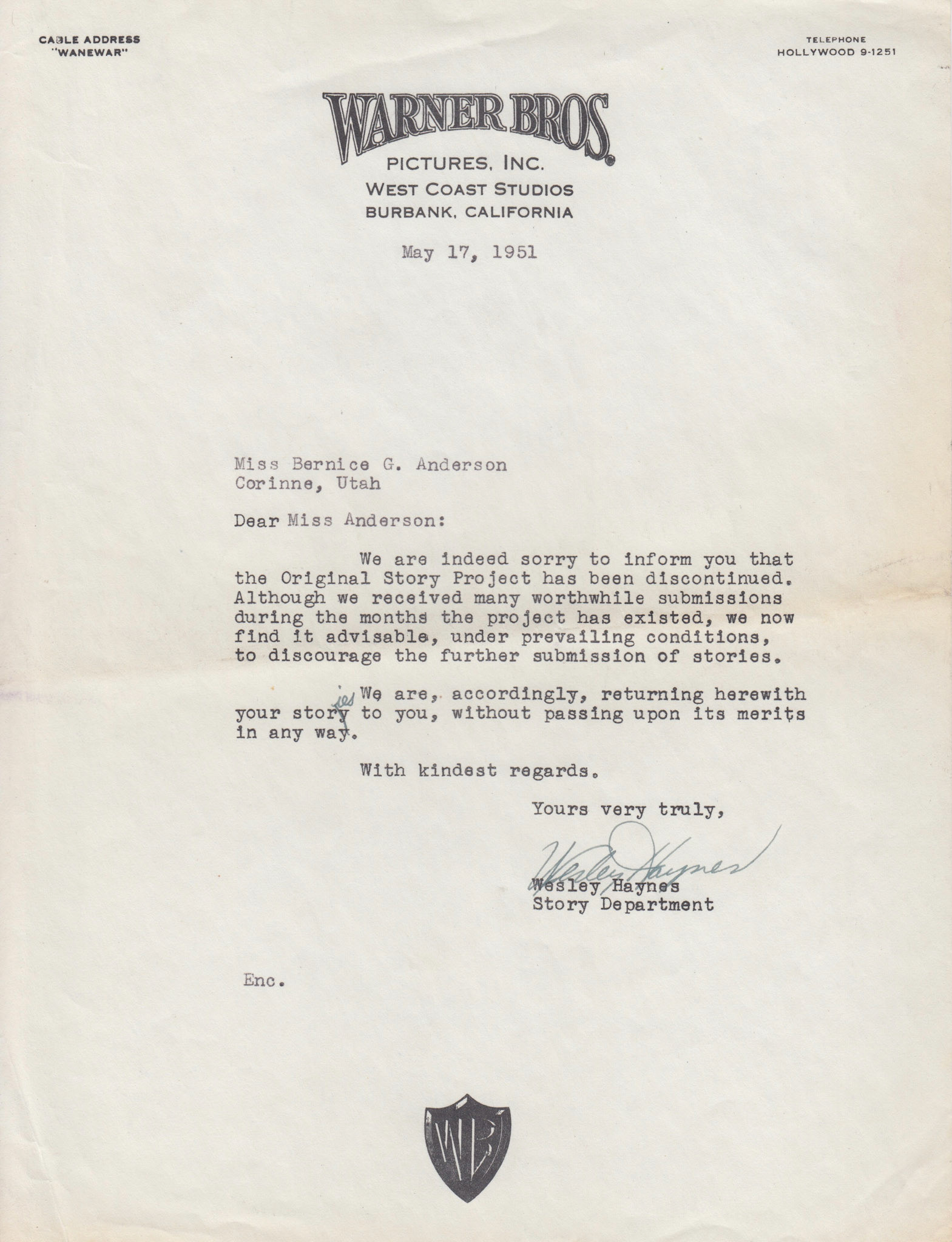 Union Pacific letter, May 23, 1951. Bernice Gibbs Anderson Collection, NPS
