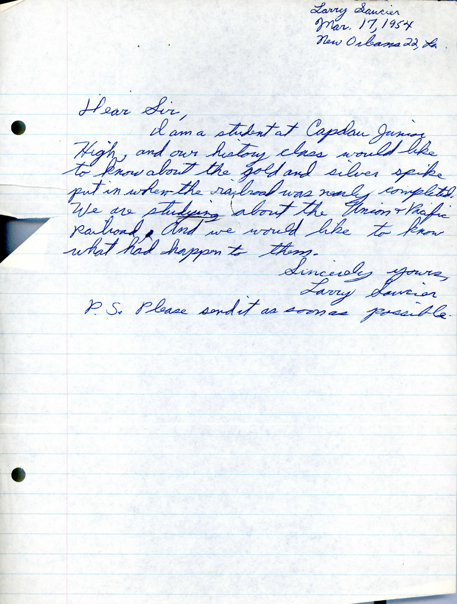 Letter from student Larry Saucier of New Orleans, Mar. 17, 1954. Bernice Gibbs Anderson Collection, NPS