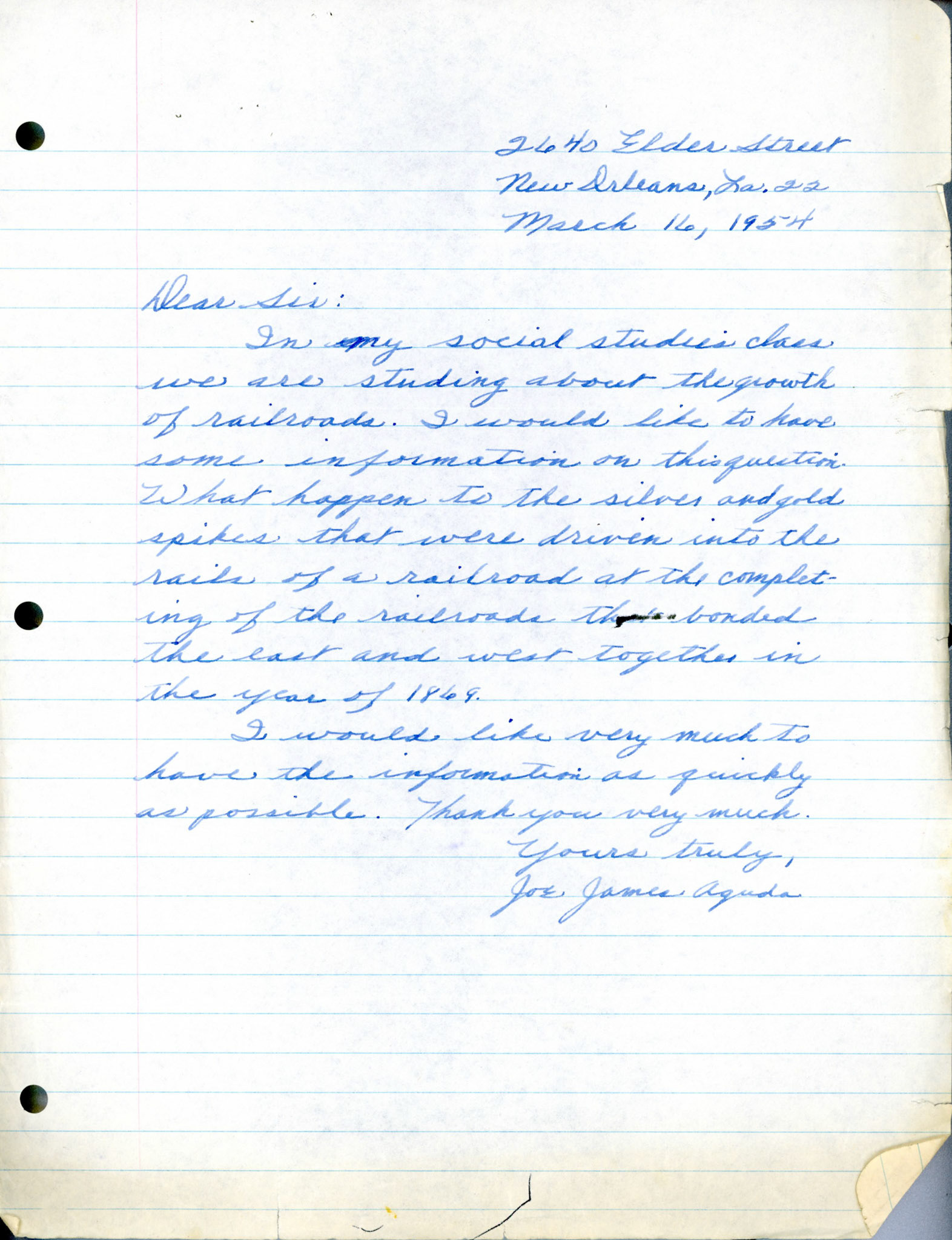 Letter from Joe James Aguda of New Orleans, Mar. 16, 1954. Bernice Gibbs Anderson Collection, NPS