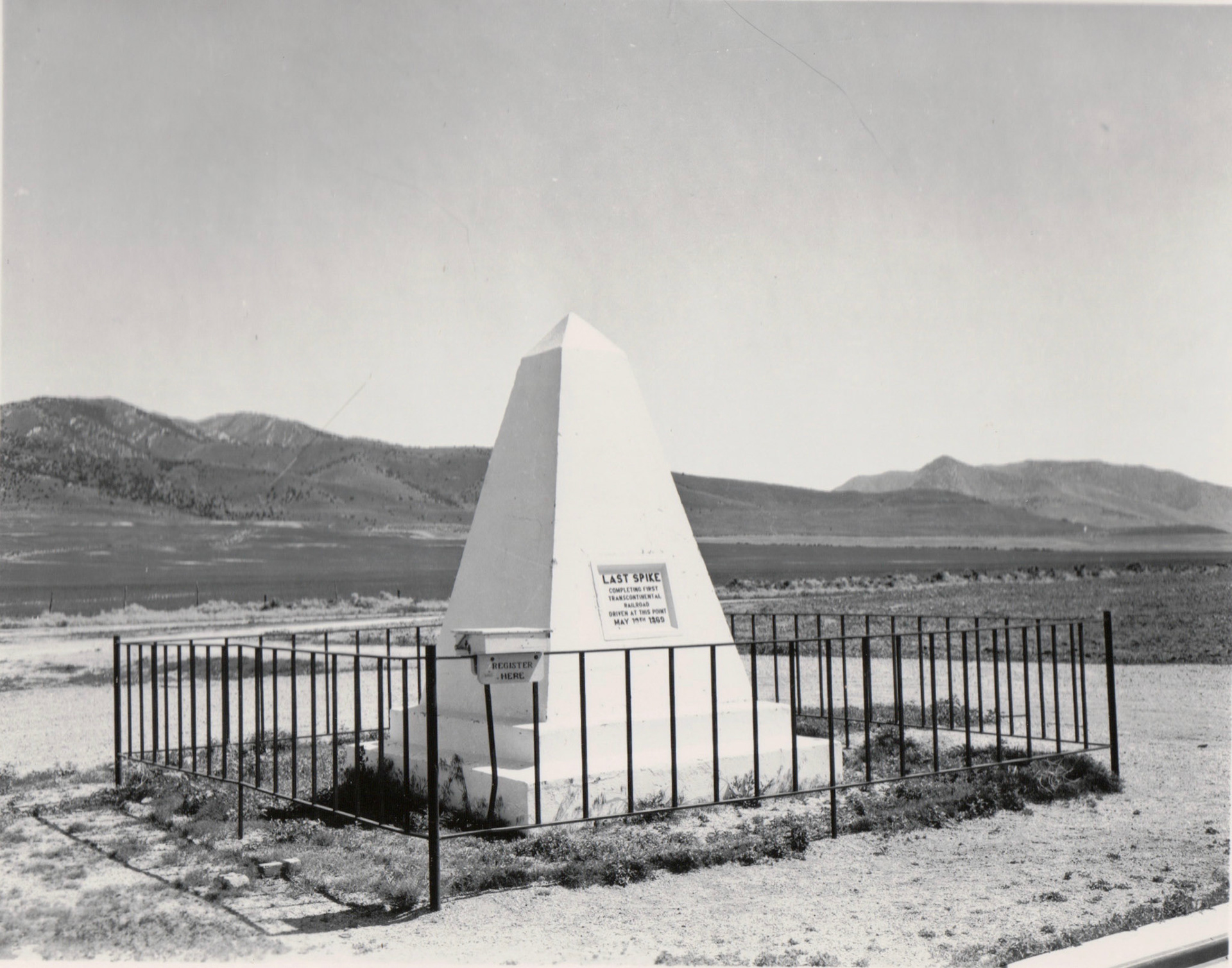 Golden Spike obelisk monument, circa 1953, Promontory Summit, Utah. Bernice Gibbs Anderson Collection, NPS