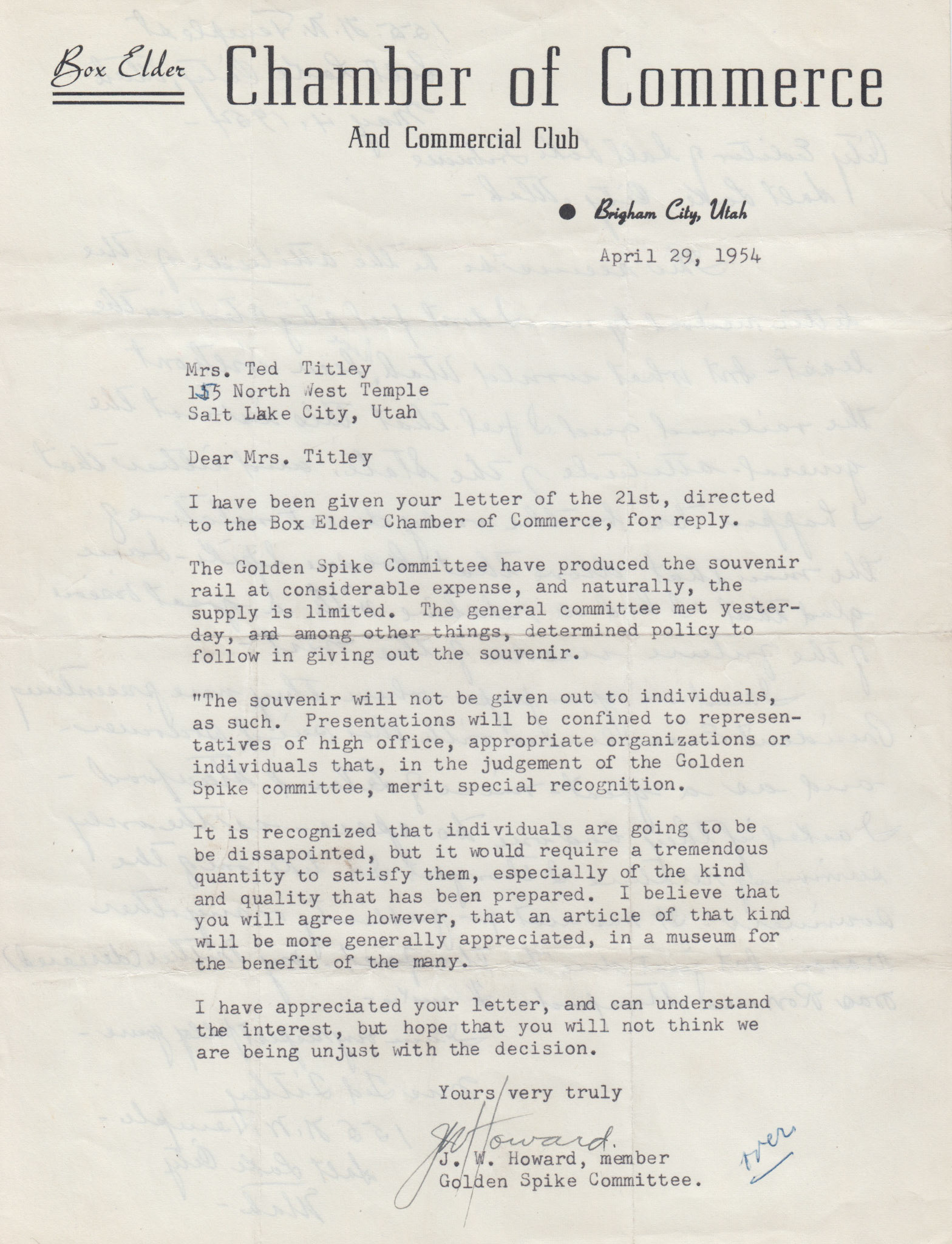 Letter to Mrs. Ted Titley with souvenir rail policy, Apr. 29, 1954. Bernice Gibbs Anderson Collection, NPS