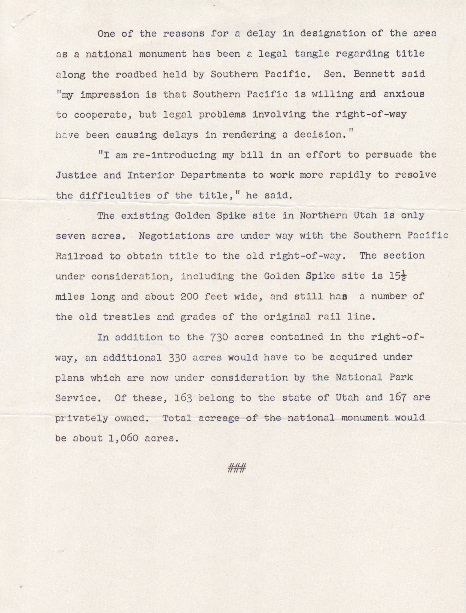 Press release from Senator Wallace F. Bennett, page 2, July 22, 1963. Bernice Gibbs Anderson Collection, NPS