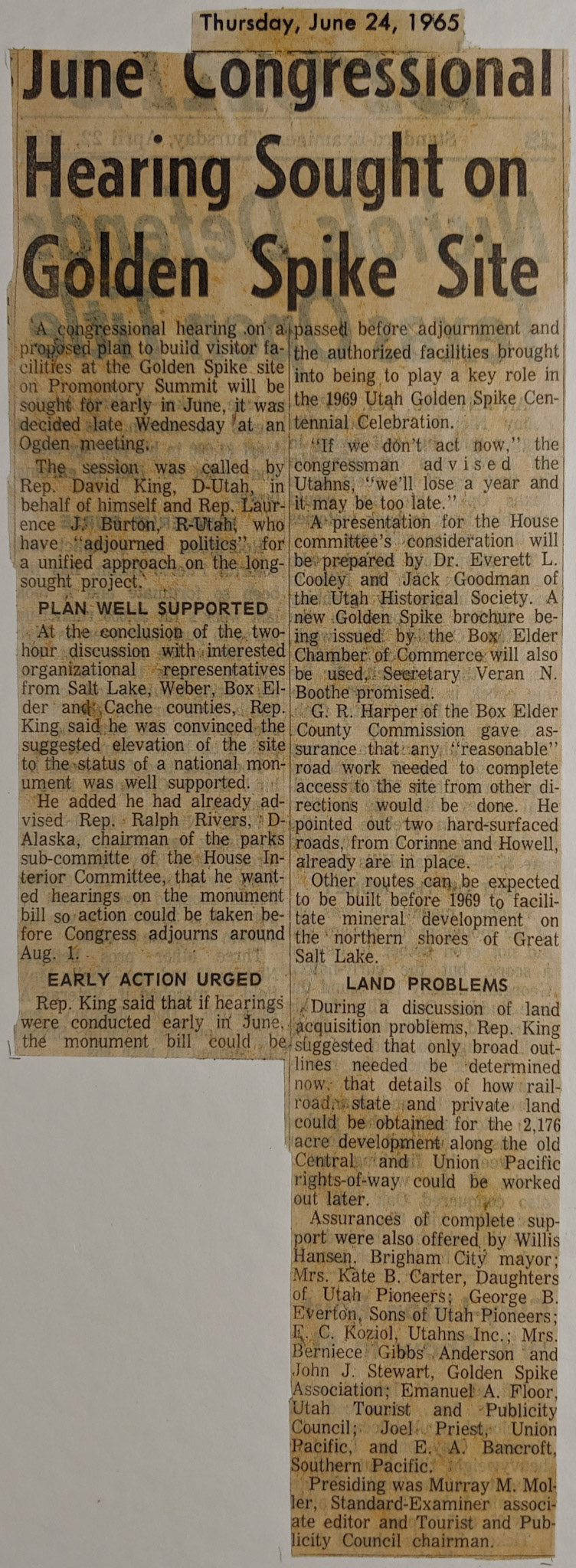 Congressional hearing, June 24, 1965. Bernice Gibbs Anderson Collection, NPS