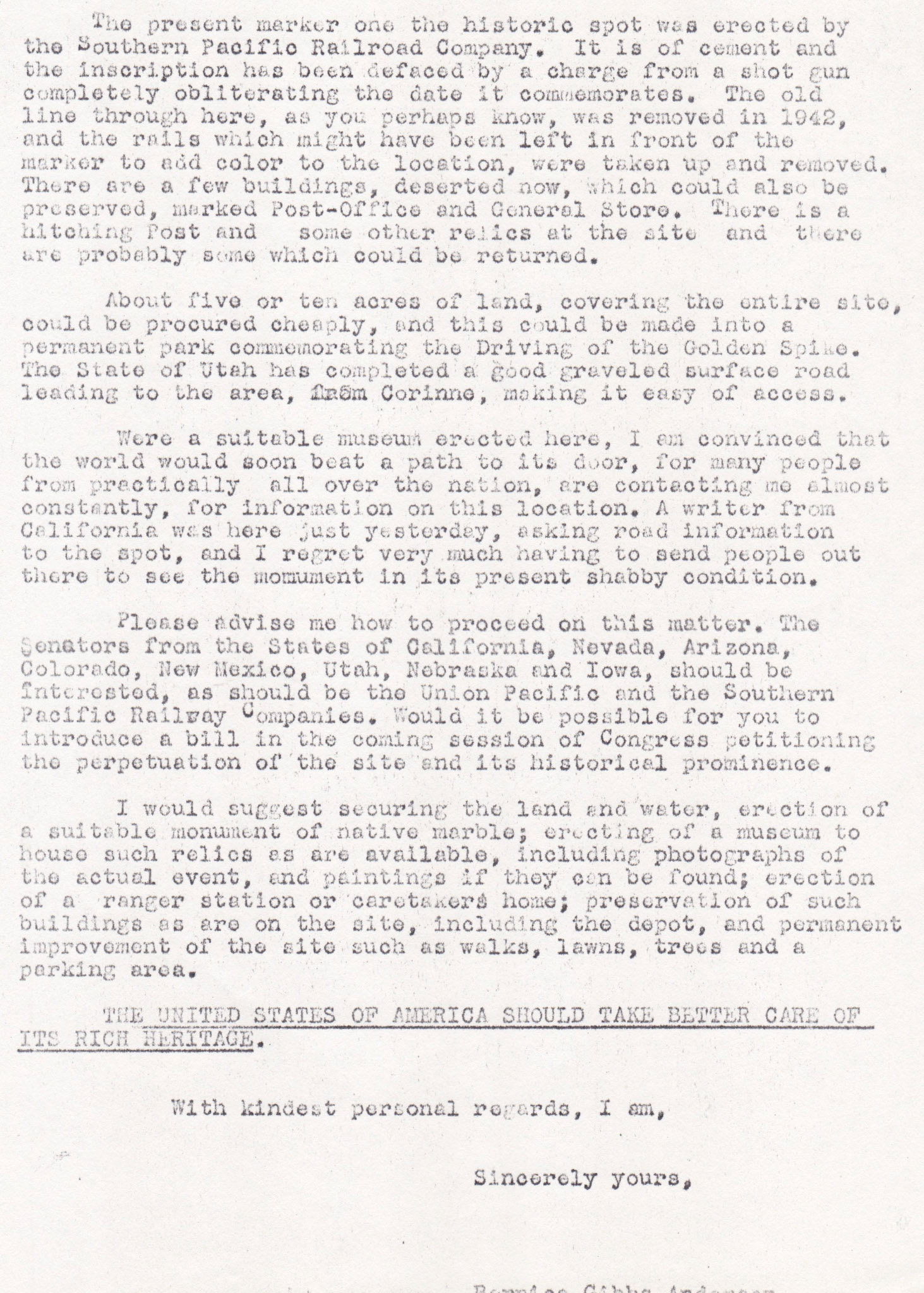 Letter to Rep. Walter K. Granger, Oct. 27, 1947, page 2. Bernice Gibbs Anderson Collection, NPS
