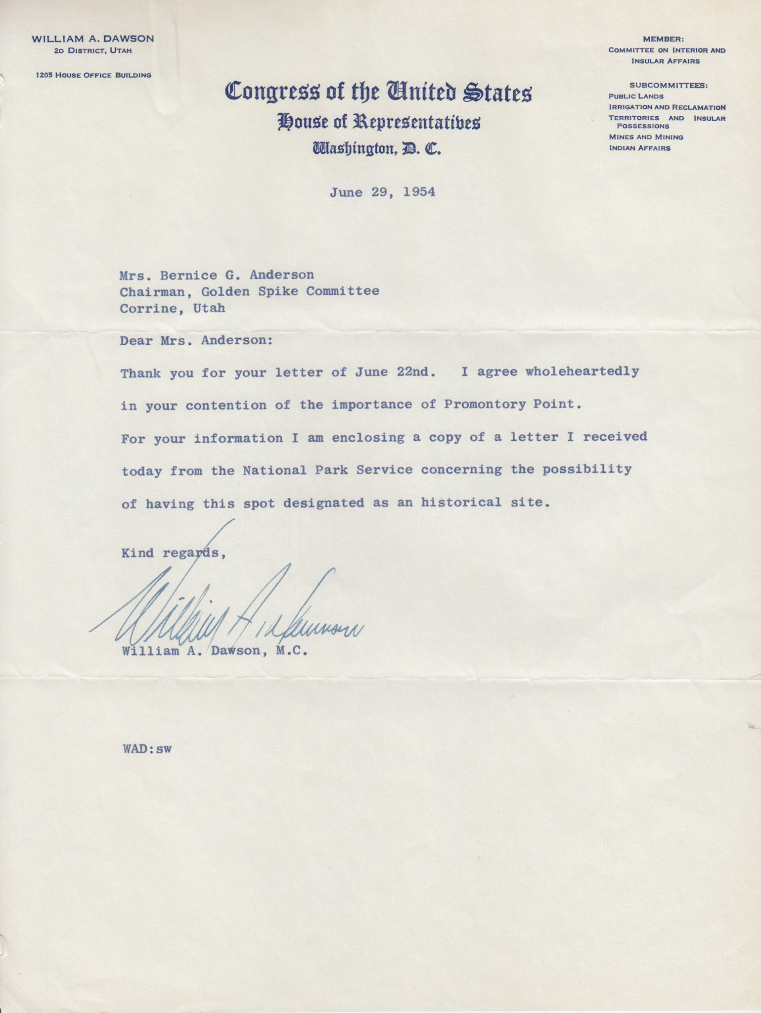 Letter from Rep. William A. Dawson, Jun. 29. 1954. Bernice Gibbs Anderson, NPS