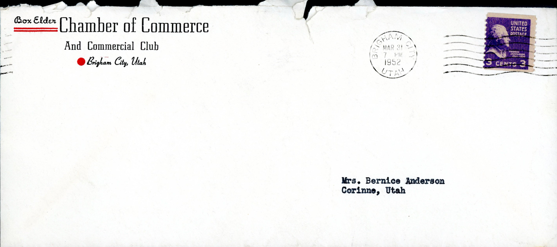 Envelope from Box Elder Chamber with Where the Last Spike was Driven brochure. Bernice Gibbs Anderson Collection, NPS