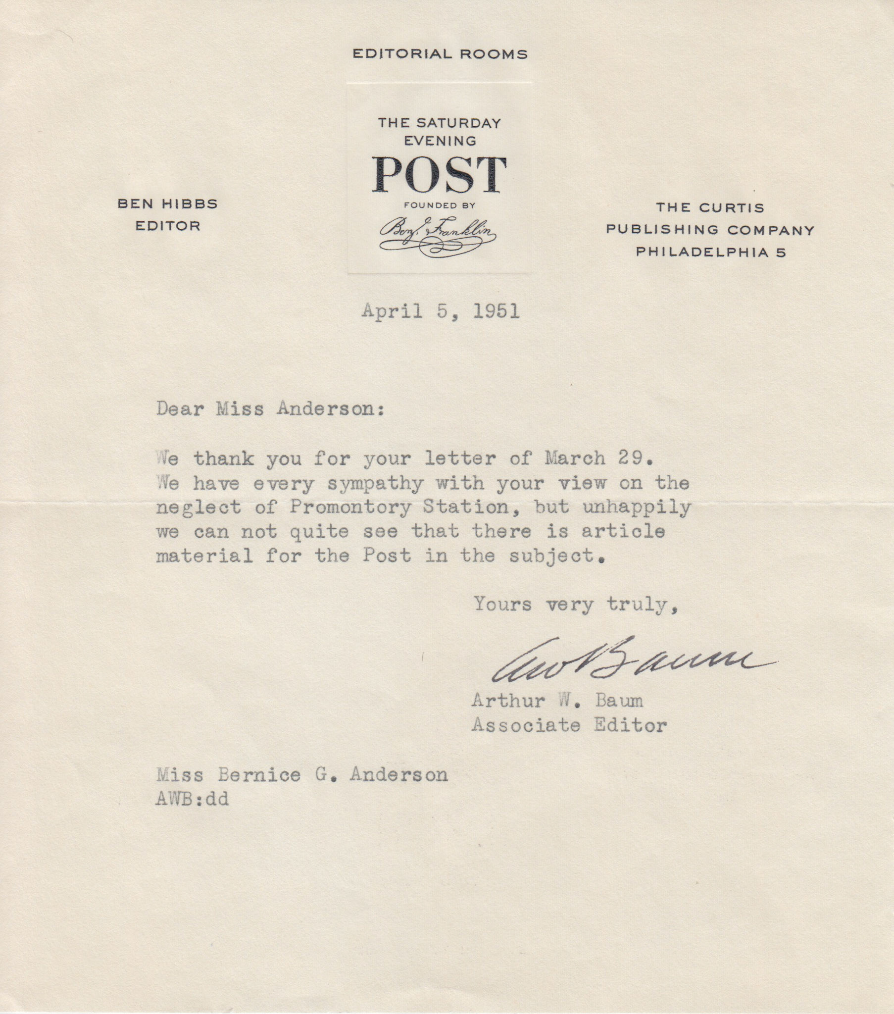 Saturday Evening Post letter, 1951