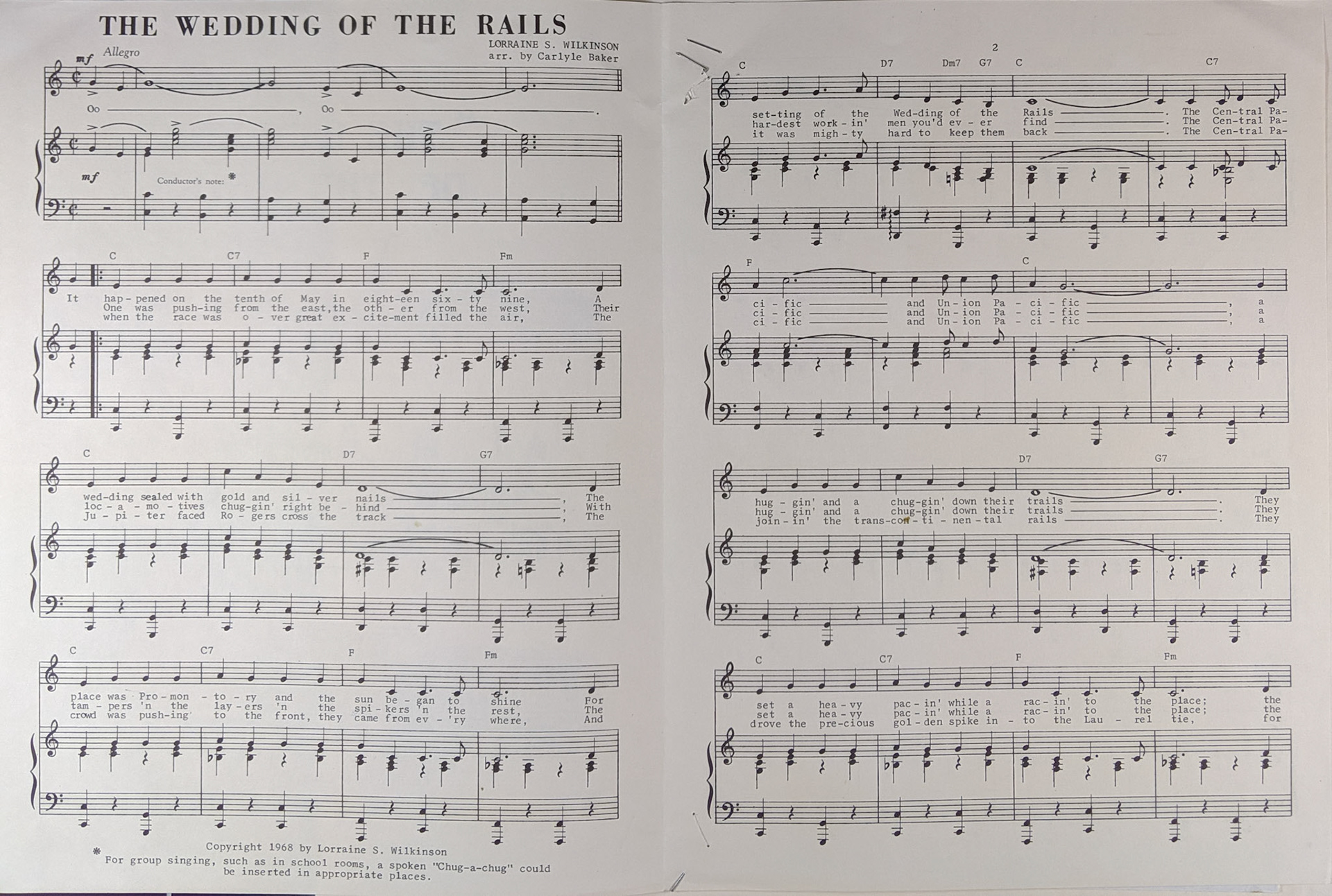 "The Wedding of the Rails" song, pages 1 & 2, by Lorraine Wilkinson, 1967, Bernice Gibbs Anderson, Golden Spike NHP, NPS