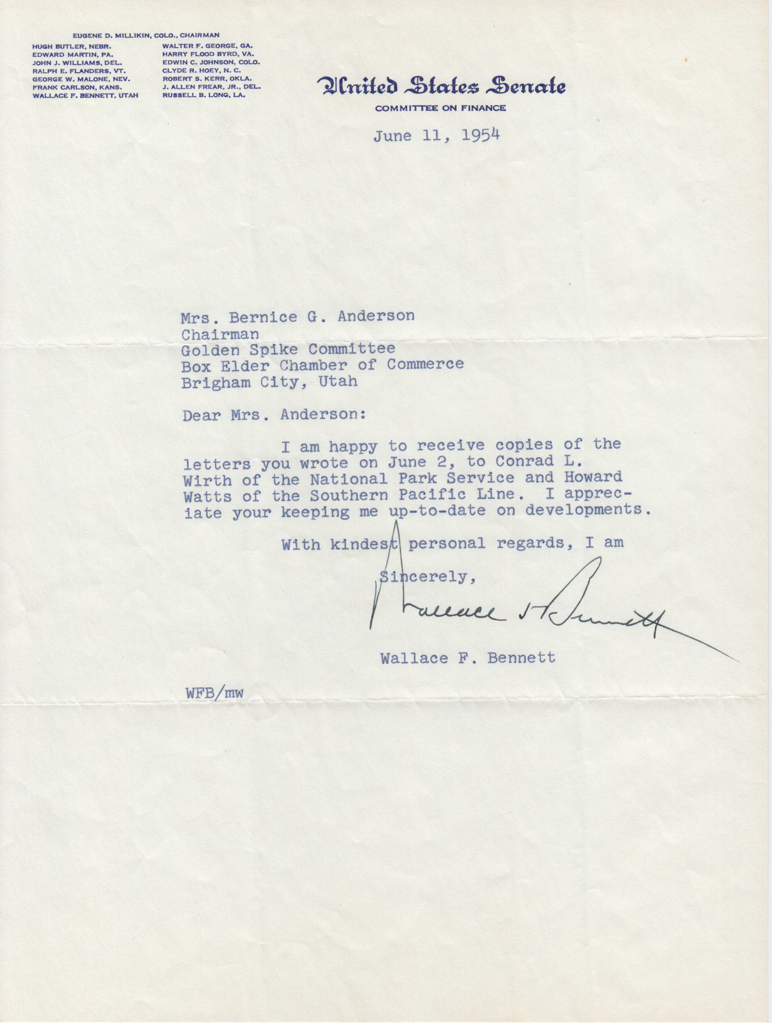 Letter from Senator Wallace F. Bennett, June 11, 1954. Bernice Gibbs Anderson Collection, NPS