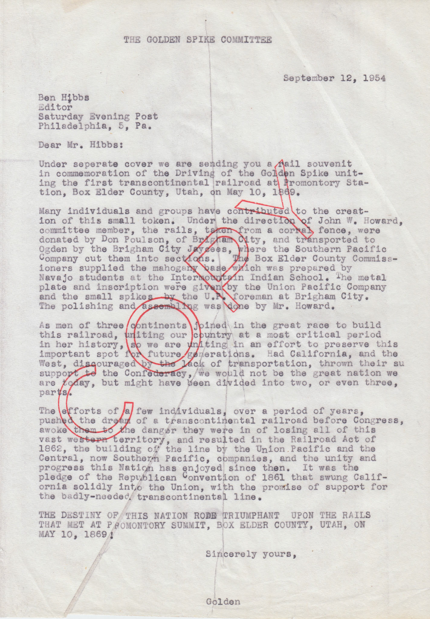 Copy of letter to Ben Hibbs, Editor, Saturday Evening  Post, re: rail souvenir, Sep. 12, 1954. Bernice Gibbs Anderson Collection, NPS
