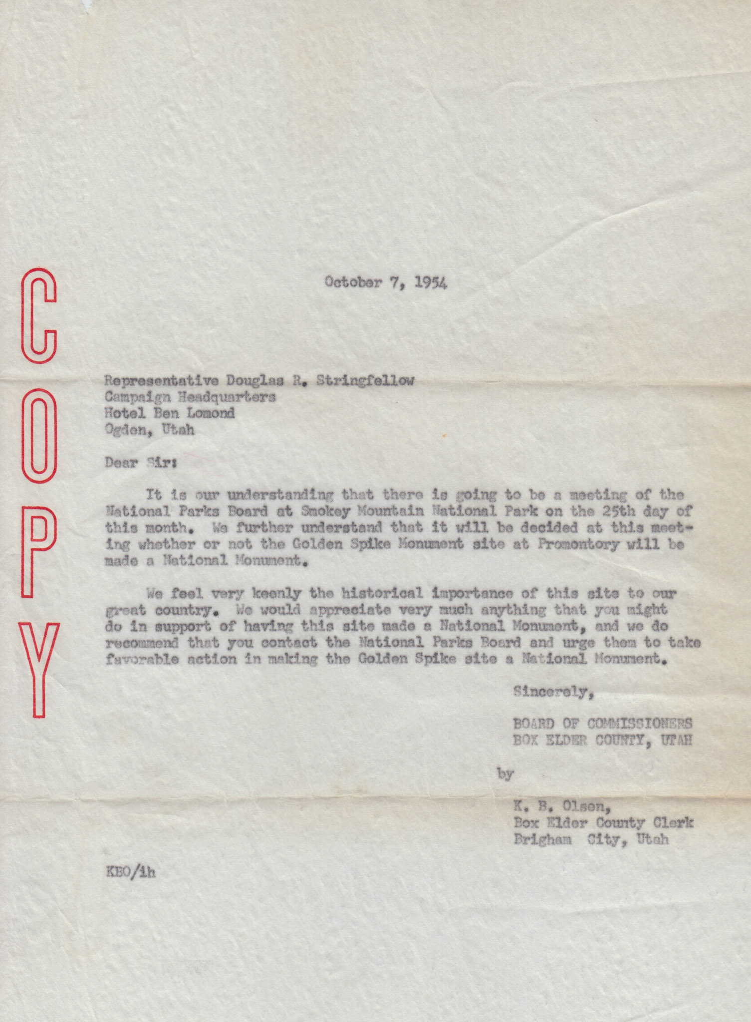 Copy of letter to Senator Douglas R. Stringfellow, Oct. 7, 1954. Bernice Gibbs Anderson, NPS