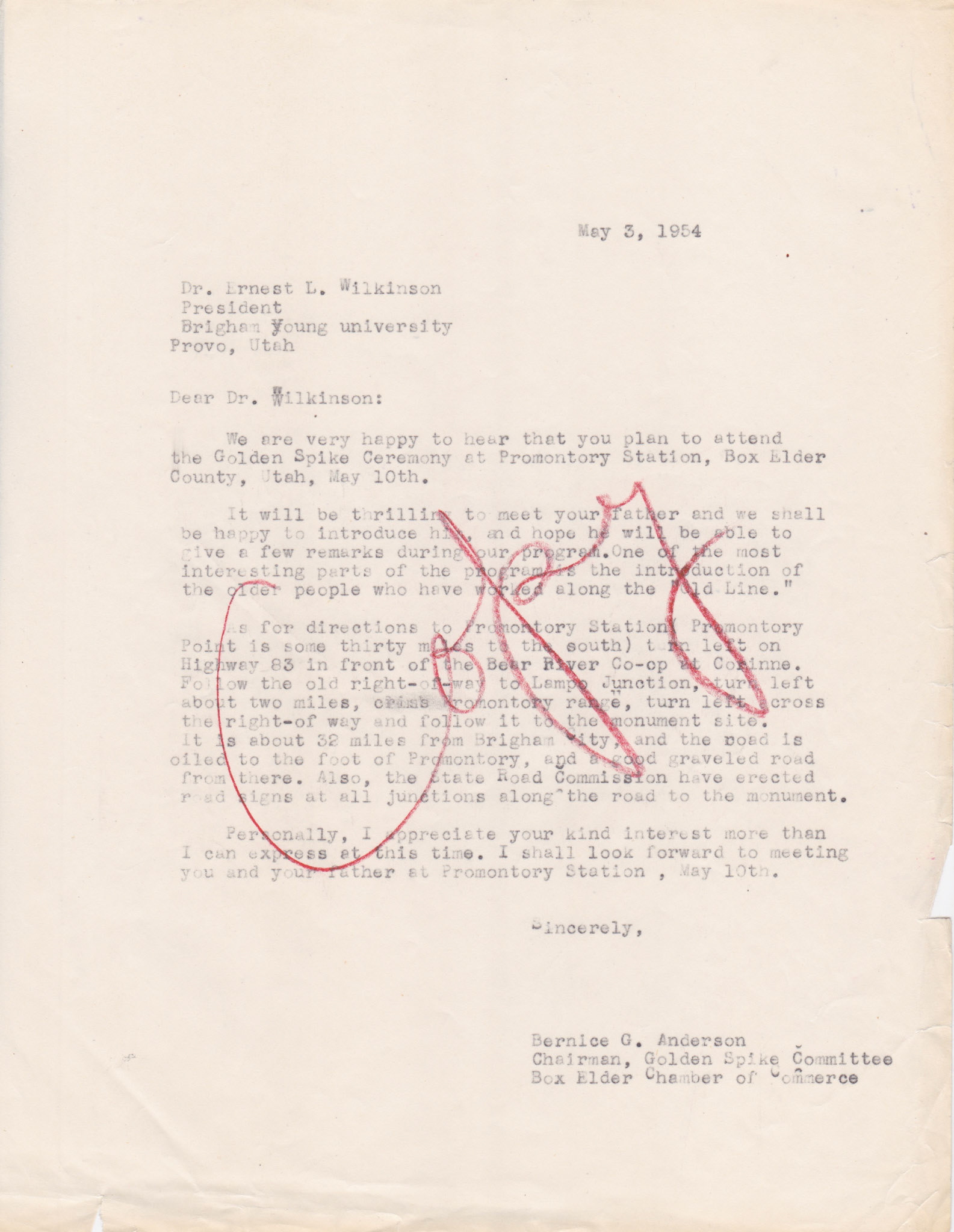Copy of letter to BYU President Ernest L. Wilkinson, May 3, 1954. Bernice Gibbs Anderson Collection, NPS
