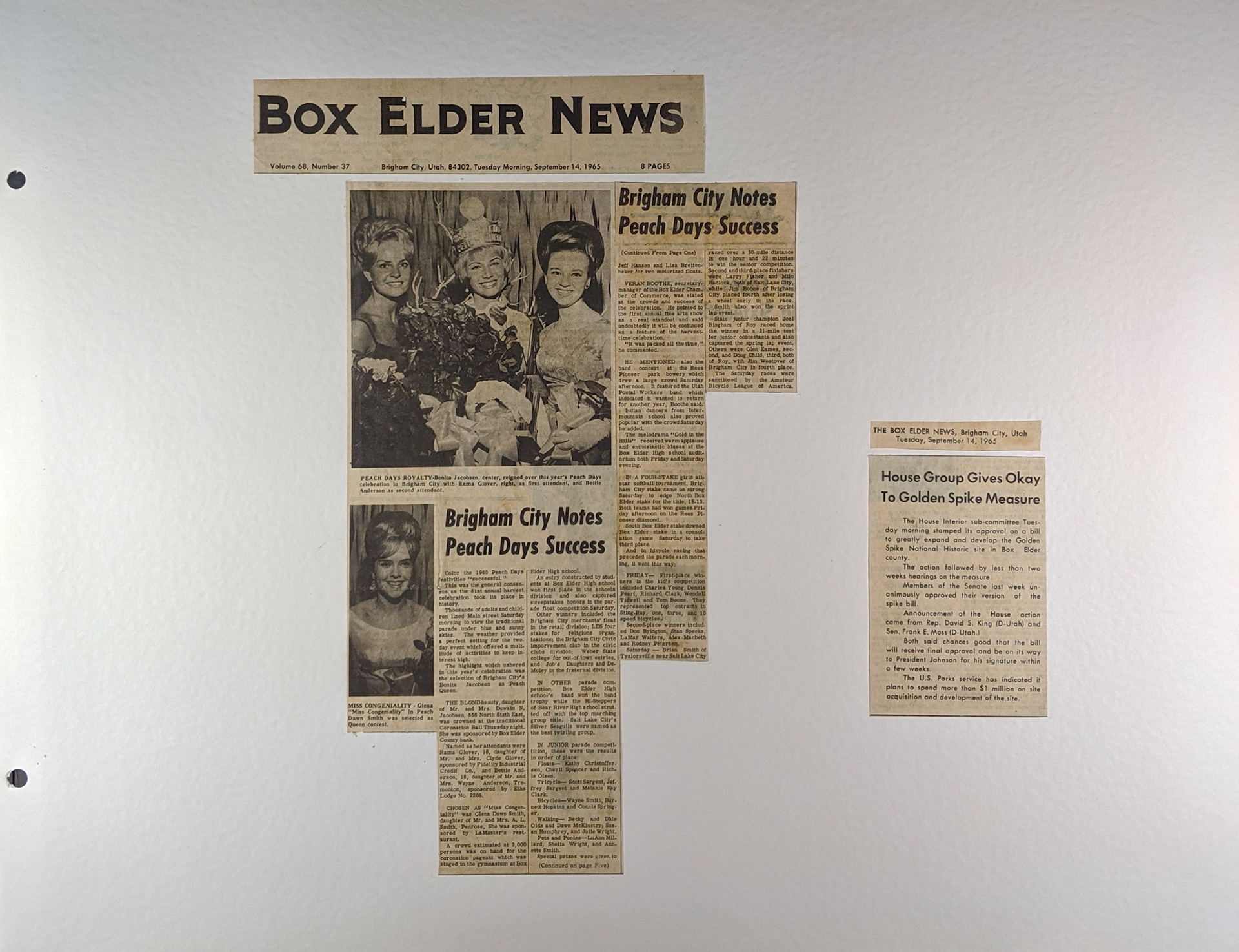 1970 Scrapbook page, 1965 newspaper clippings. Bernice Gibbs Anderson Collection, NPS