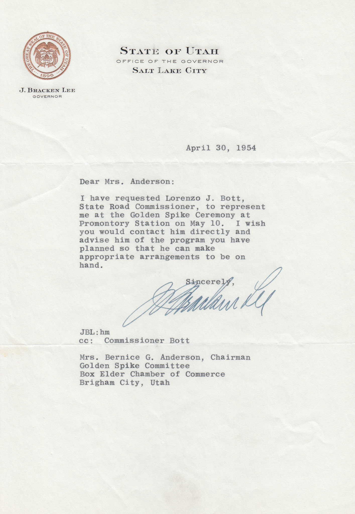 Letter Governor J. Bracken Lee about Lorenzo J. Bott representing him, Apr. 30, 1954. Bernice Gibbs Anderson Collection, NPS