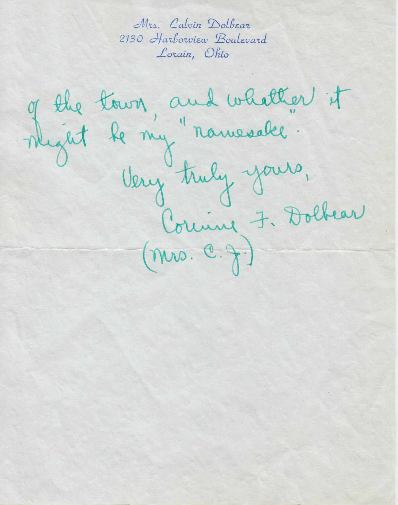 Letter from Corinne Dolbear, 1954, page 2. Bernice Gibbs Anderson Collection, NPS