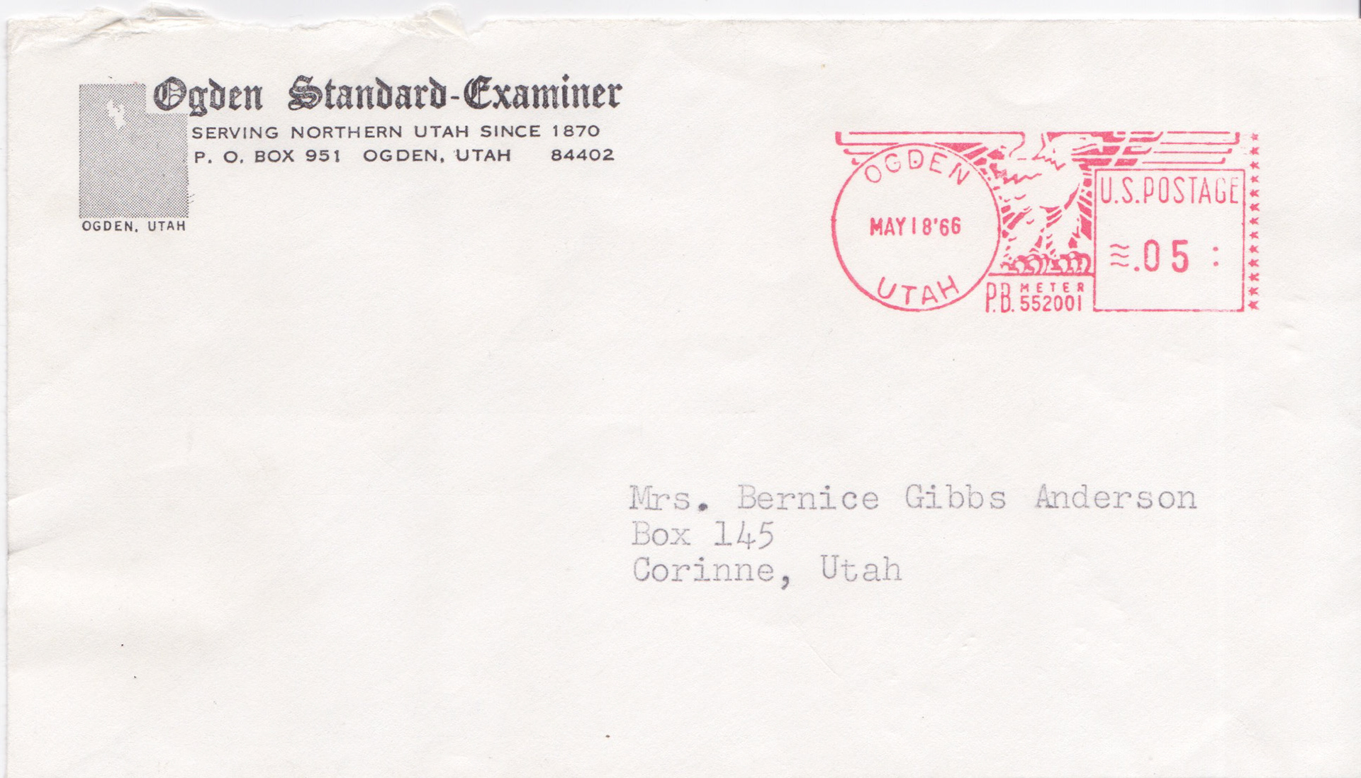 Envelope from Ogden Standard-Examiner, May 18. 1966. Bernice Gibbs Anderson Collection, NPS