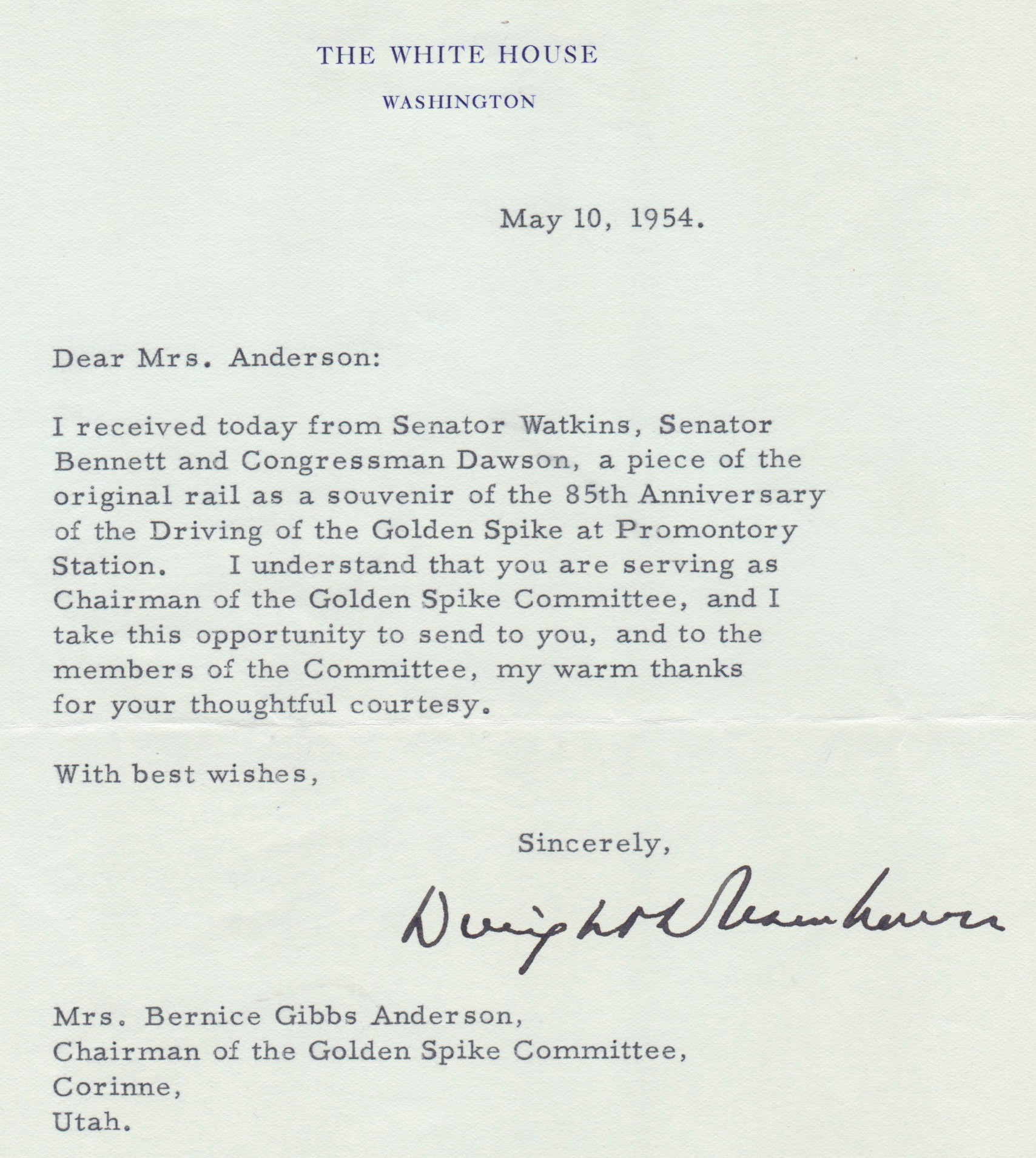 Cropped letter from President Dwight Eisenhower, May 10, 1954. Bernice Gibbs Anderson Collection, NPS