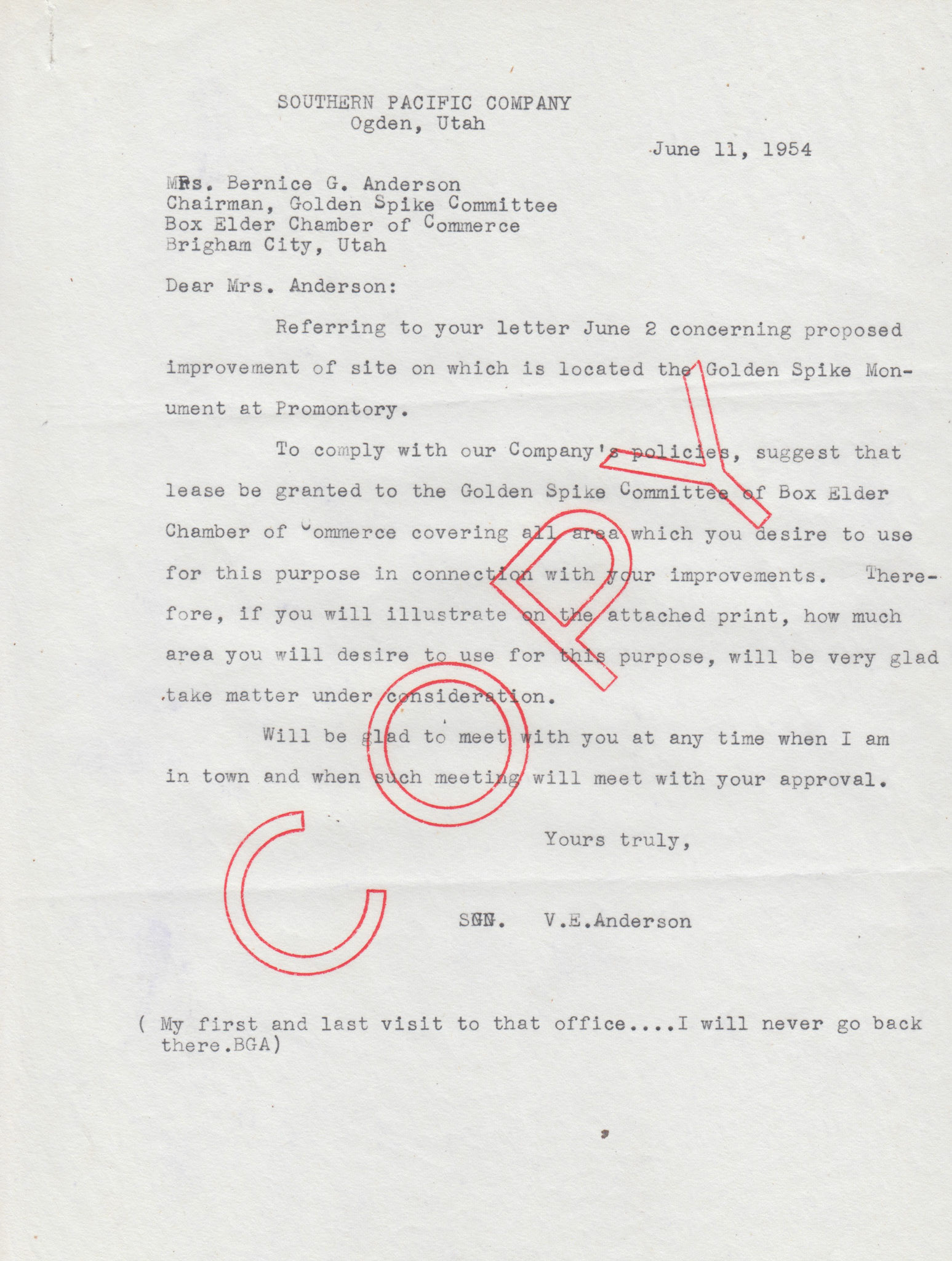 Copy of letter from V.E. Anderson, Southern Pacific, Ogden, June 11, 1954. Added note by Bernice: My first and last visit to that office...I will never go back there. BGA). Bernice Gibbs Anderson Collection, NPS
