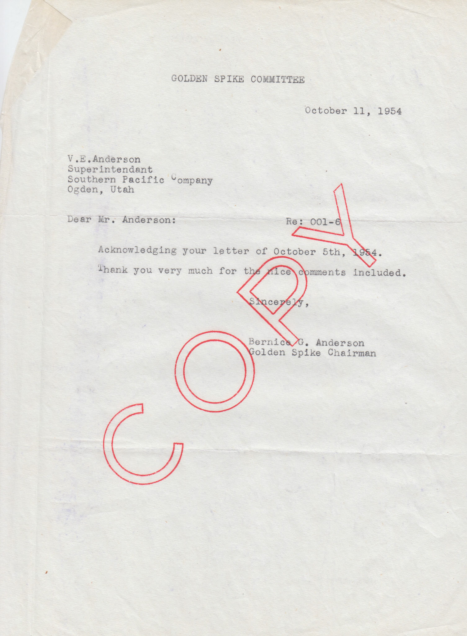 Copy of letter to V.E. Stoddard, Oct. 11, 1954. Bernice Gibbs Anderson Collection, NPS