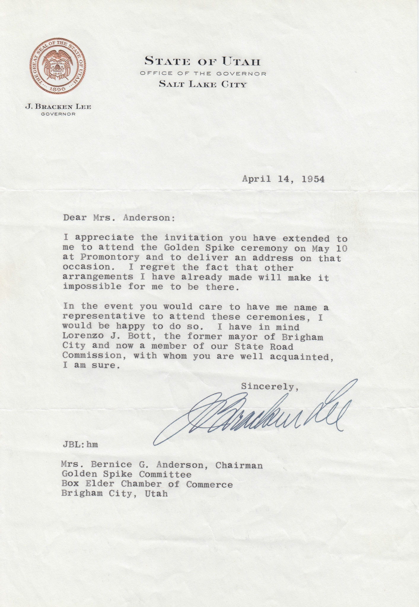 Regrets from Governor J. Bracken Lee, 1954. Bernice Gibbs Anderson Collection, NPS